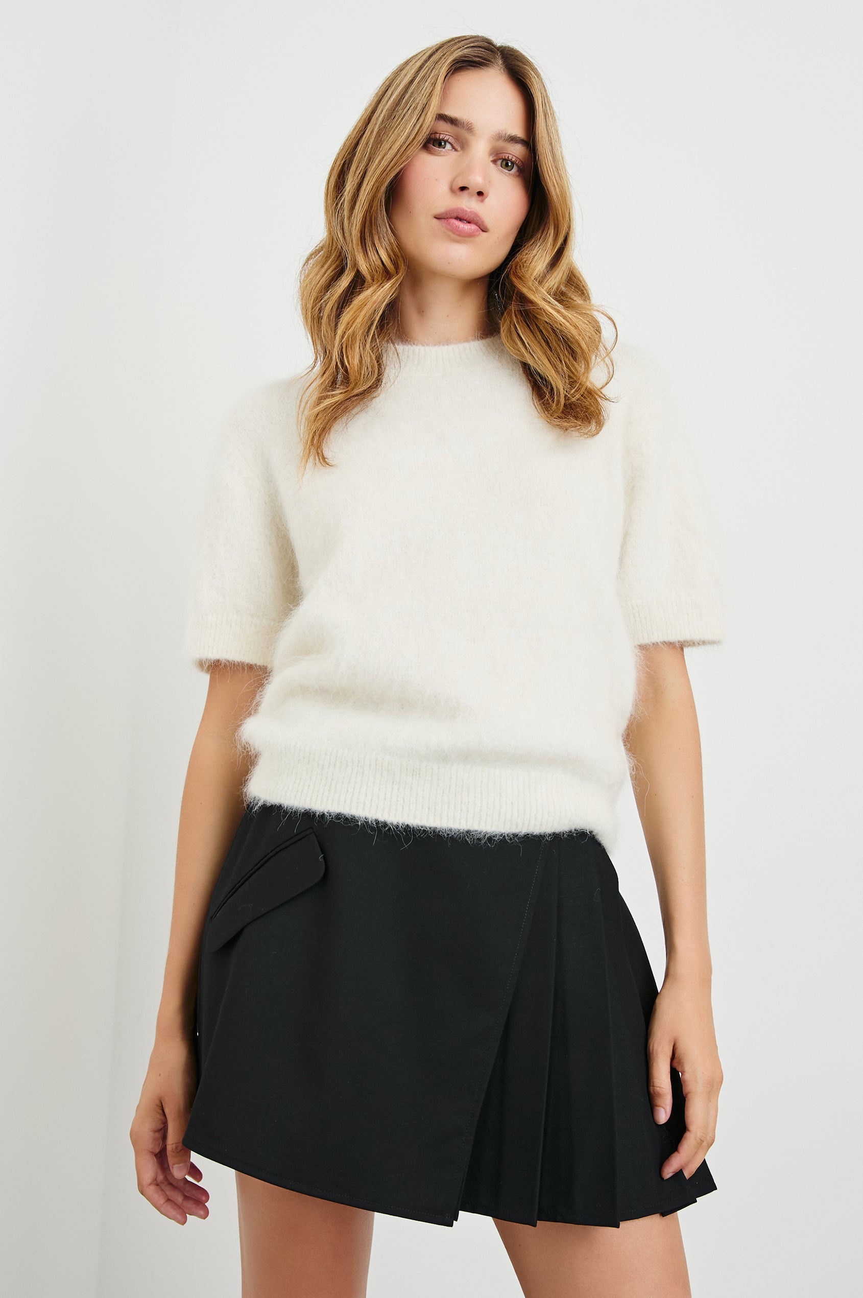Briar Short-Sleeve Top with a Crew Neck and Ribbed Trim in White Colorway - Front View Featured on Model