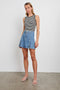 Broad Denim Mini Skirt with Two Front and Back Box Pleats and a Fabric Belt in Bristol Colorway, a blue - Front Full Body View Featured on Model