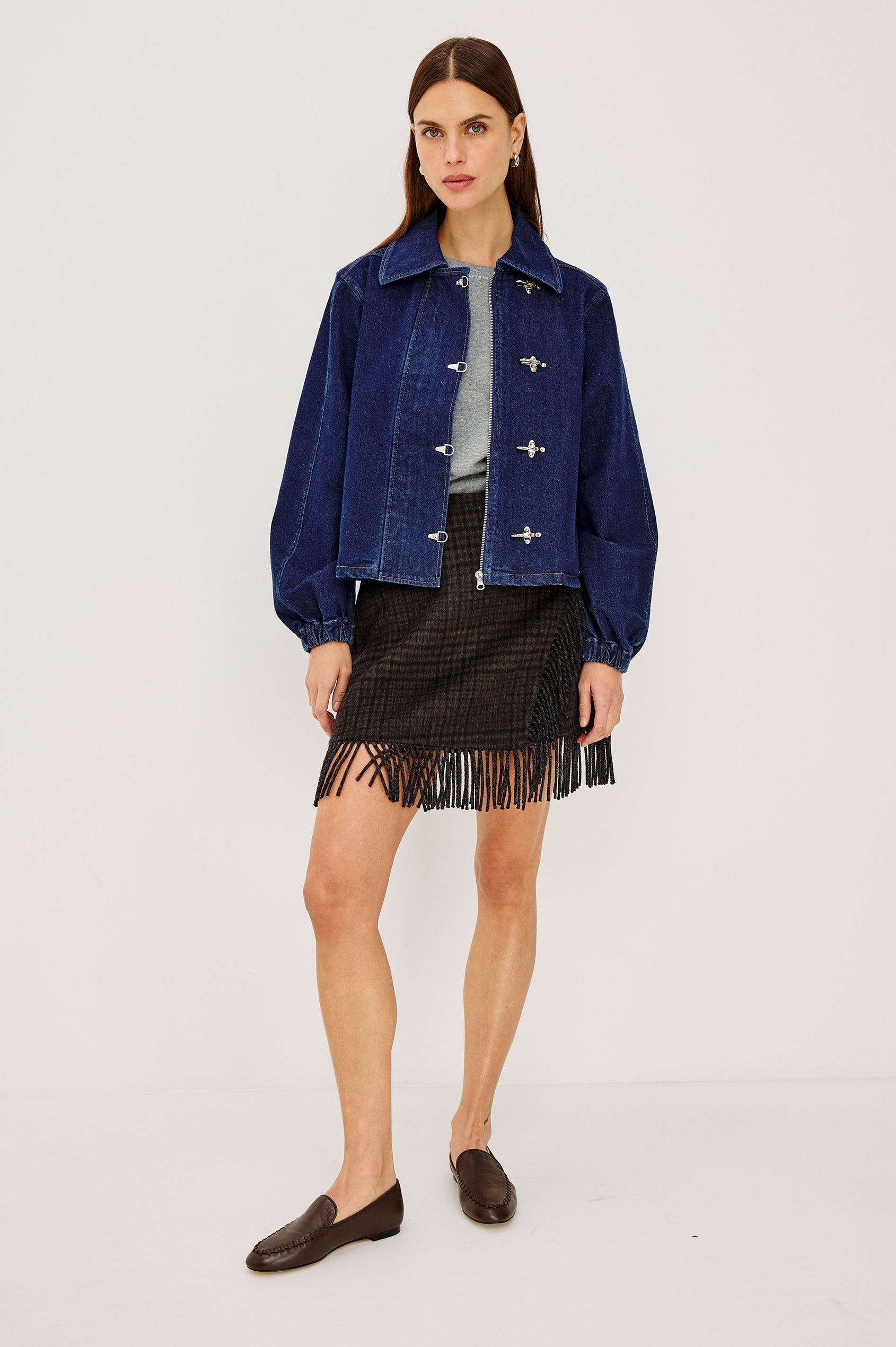 Brooke Jacket in Midweight Denim With Duffel Slightly Cropped Fit, Long Balloon Sleeves, Elastic Cuffs, Back Yoke Pleat, and Front Toggle Closures in Rinse Indigo Colorway - Full Body Front View Featured on Model