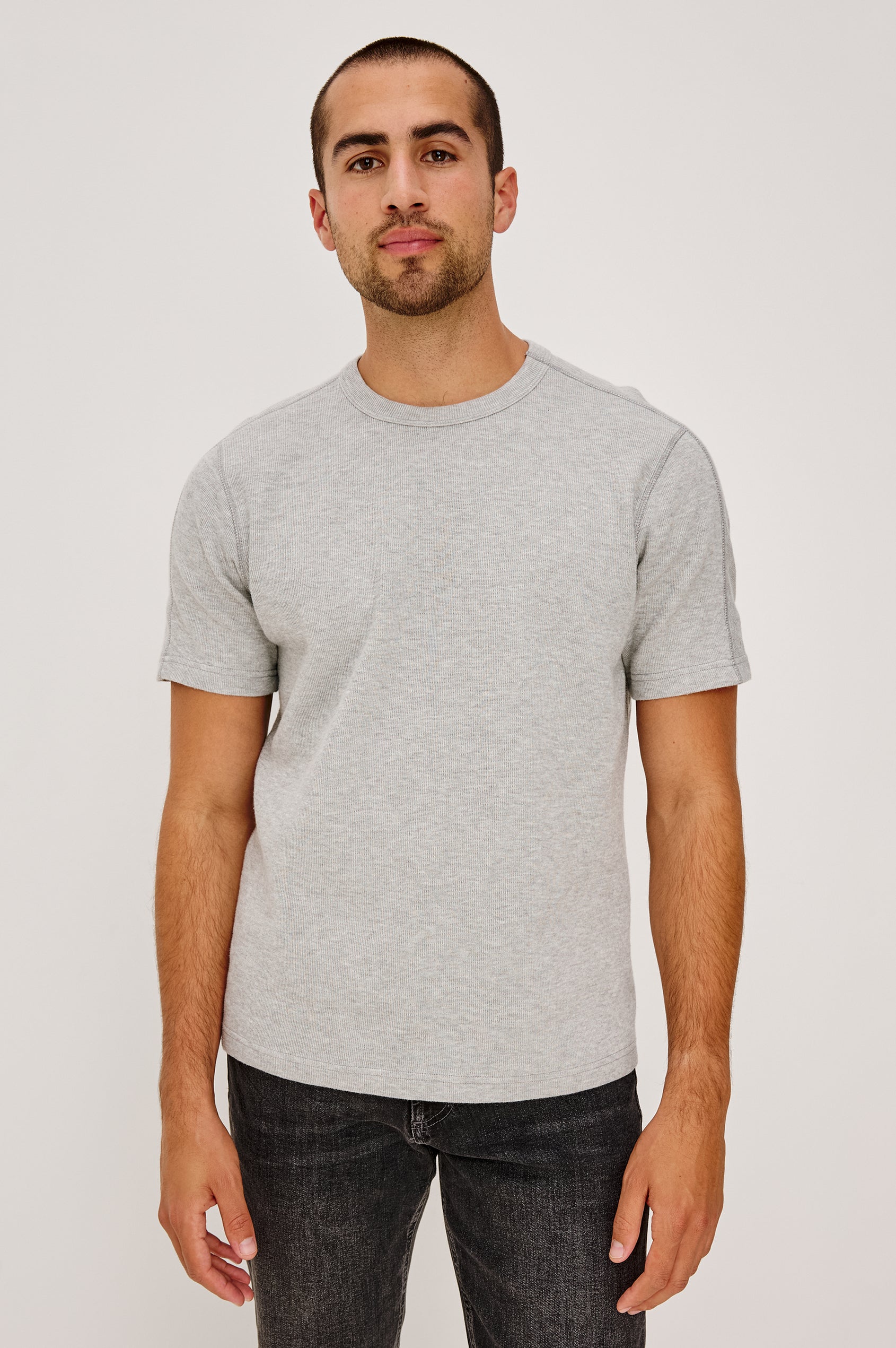 Brooks Short Sleeve T-Shirt With Crew Neckline, Short Sleeves, and Classic Fit in Grey Heather Colorway - Upper Body Front View Featured on Model