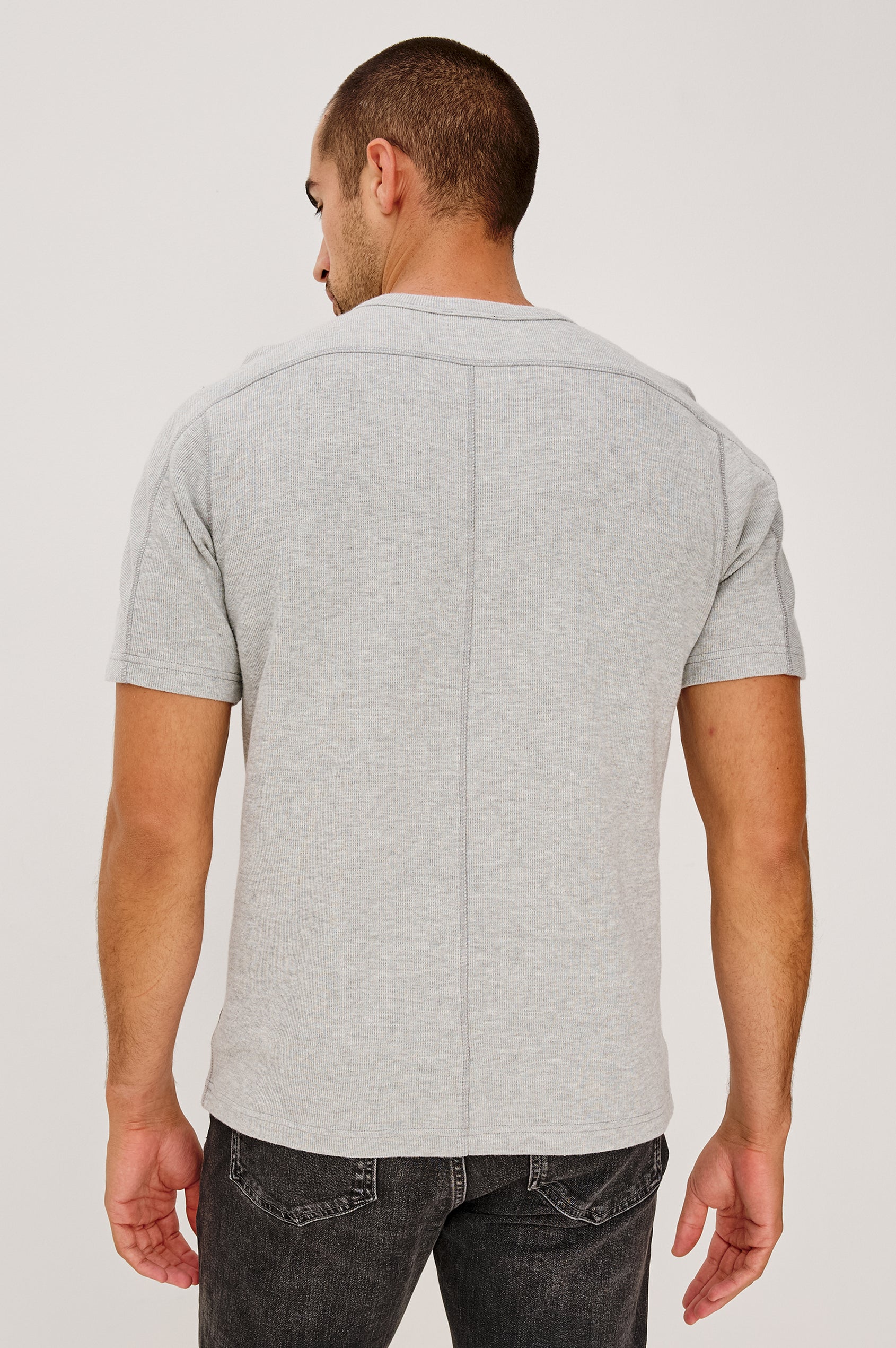 Brooks Short Sleeve T-Shirt With Crew Neckline, Short Sleeves, and Classic Fit in Grey Heather Colorway - Upper Body Back View Featured on Model