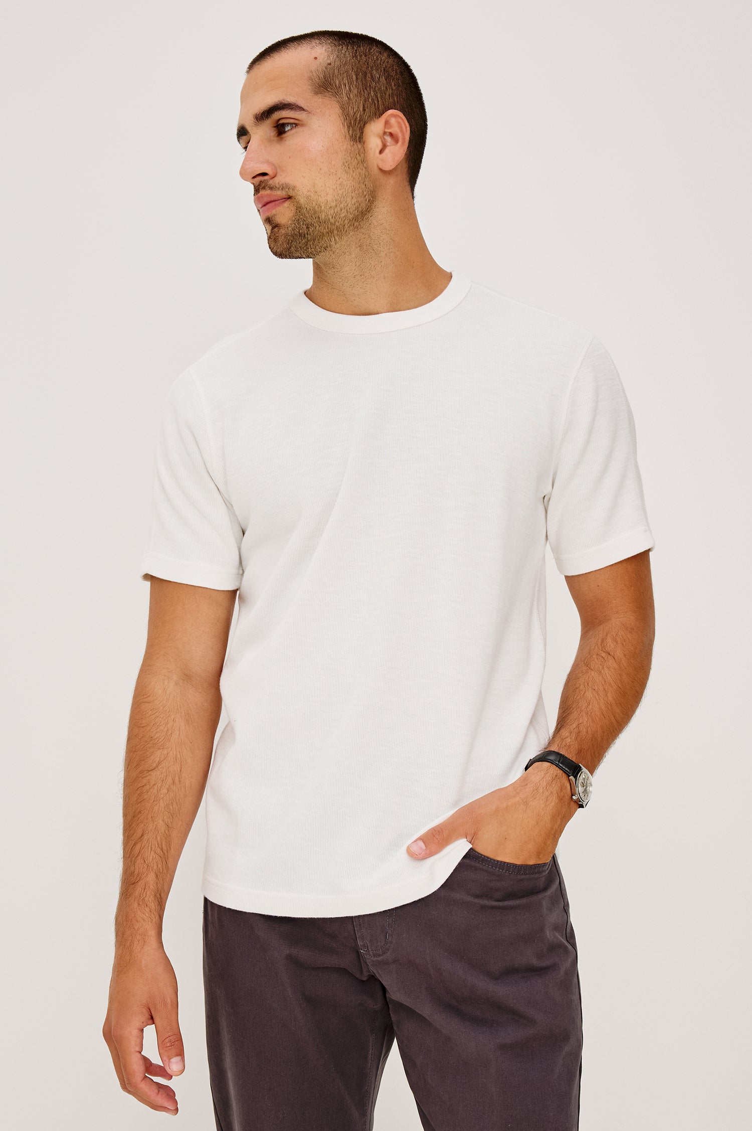 Brooks Short Sleeve T-Shirt With Crew Neckline, Short Sleeves, and Classic Fit in Whitecap Colorway - Upper Body Front View Featured on Model