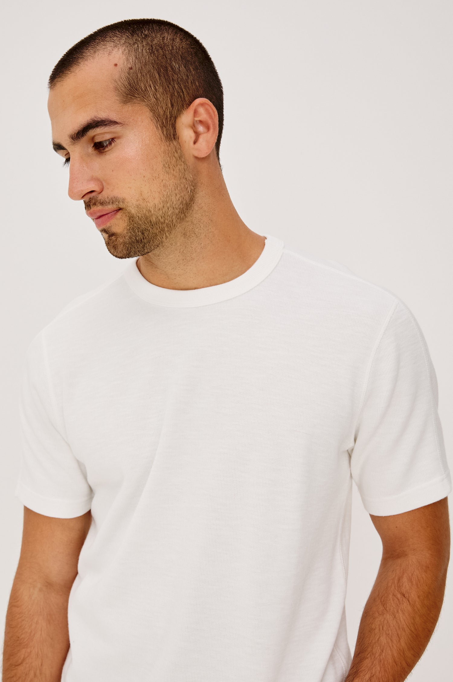 Brooks Short Sleeve T-Shirt With Crew Neckline, Short Sleeves, and Classic Fit in Whitecap Colorway - Upper Body Front View Featured on Model