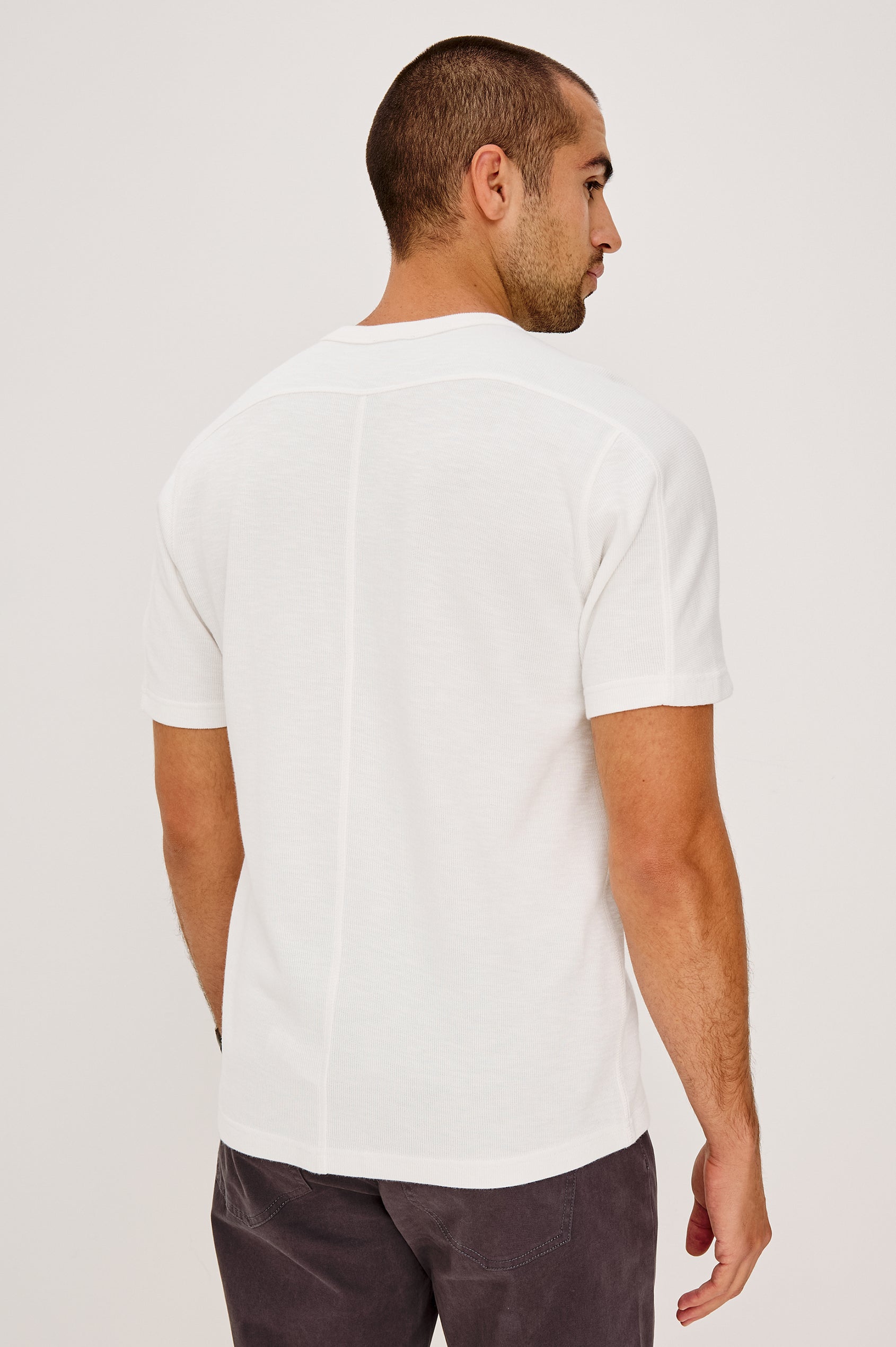 Brooks Short Sleeve T-Shirt With Crew Neckline, Short Sleeves, and Classic Fit in Whitecap Colorway - Upper Body Back View Featured on Model