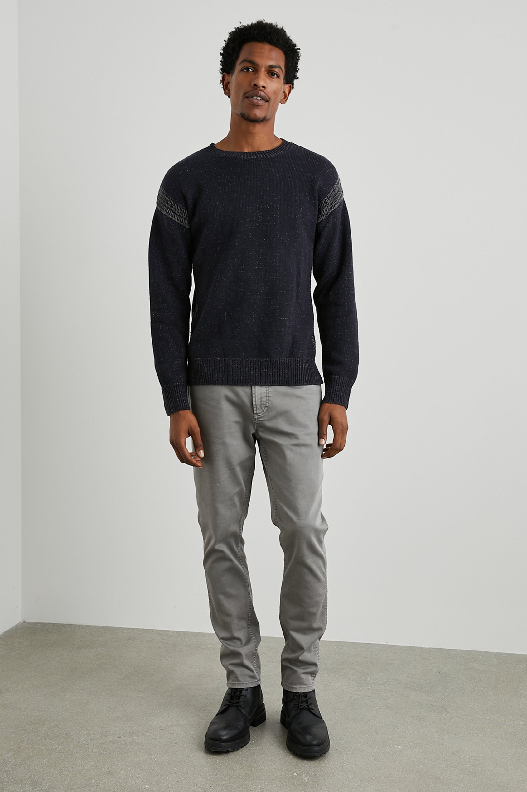 Bryce Long-Sleeve Sweater with a Crew Neck, Ribbed Trim in Navy Colorway, with White Speckles and Stitching at Shoulder Seams - Front Full Body View Featured on Model 