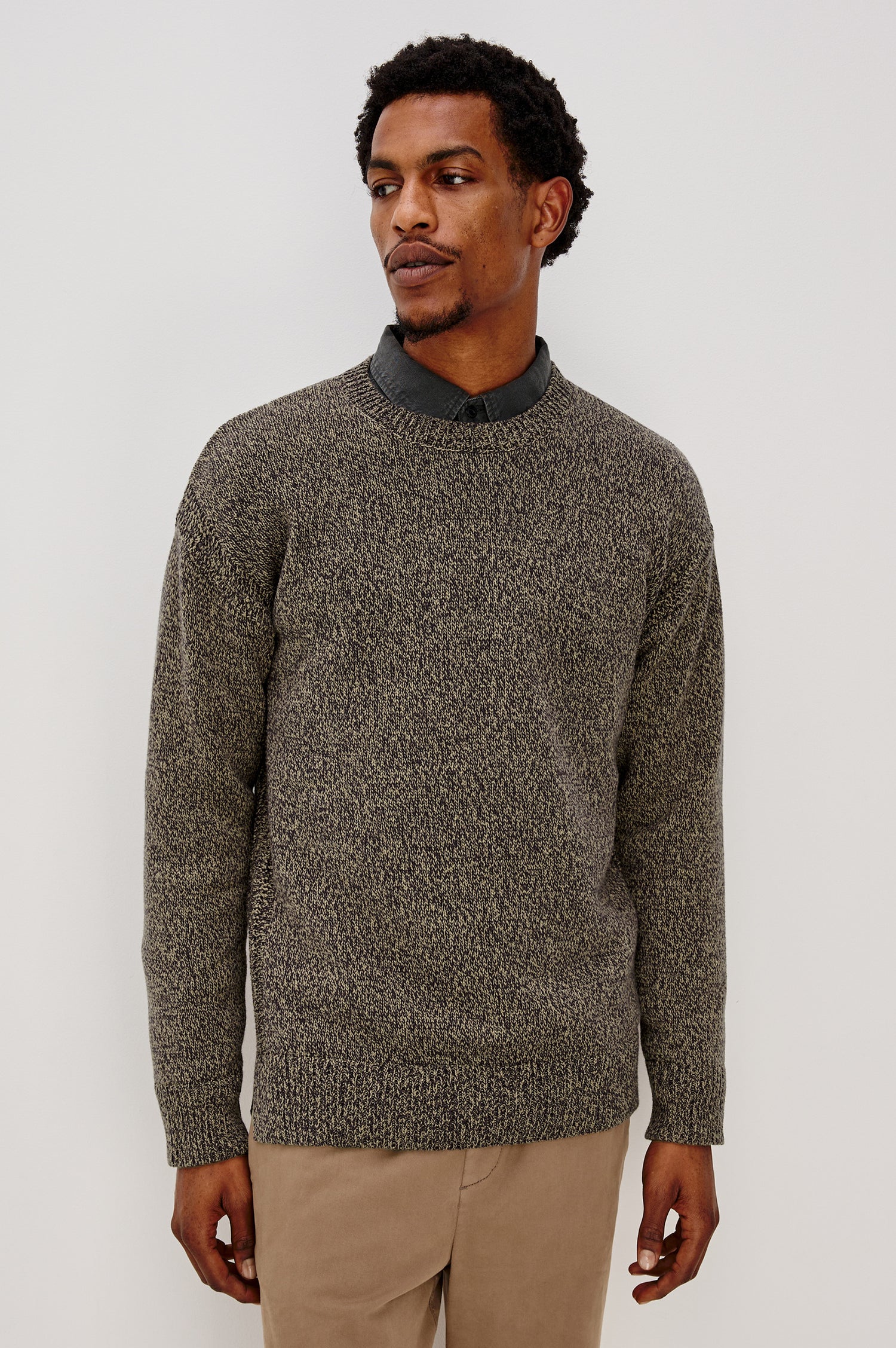 Bryce Long Sleeve Crewneck Sweater with Ribbed Collar and Cuffs in Navy Cedar Colorway. Front View Featured on Model.