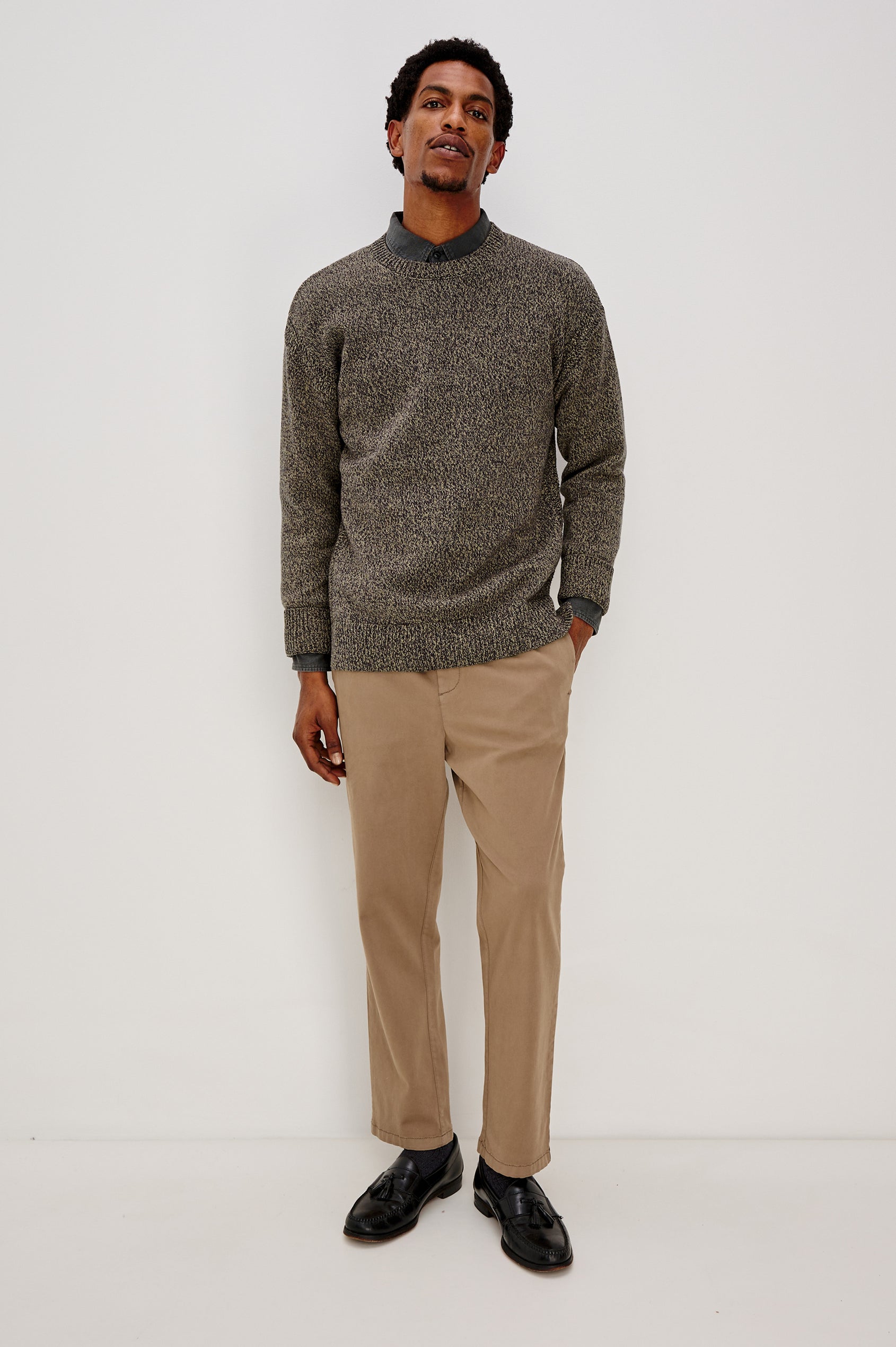 Bryce Long Sleeve Crewneck Sweater with Ribbed Collar and Cuffs in Navy Cedar Colorway. Front Full Body View Featured on Model.