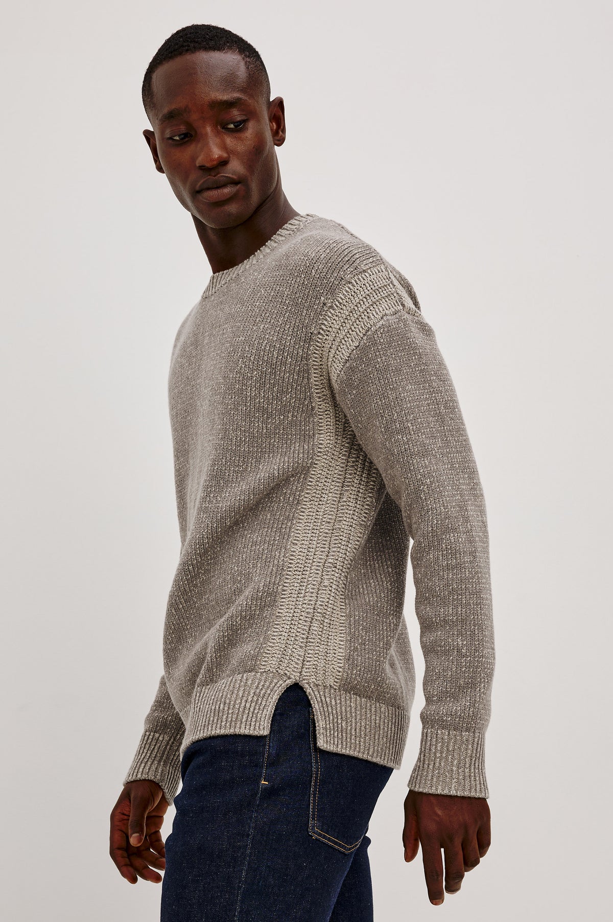 Bryce Sweater in Soft Cotton Marl Blend, With Relaxed Fit, Contrast Rib Crewneck, Shoulder, and Cuff Detailing, and Long Sleeves in Taupe Clay Colorway - Upper Body Side View Featured on Model
