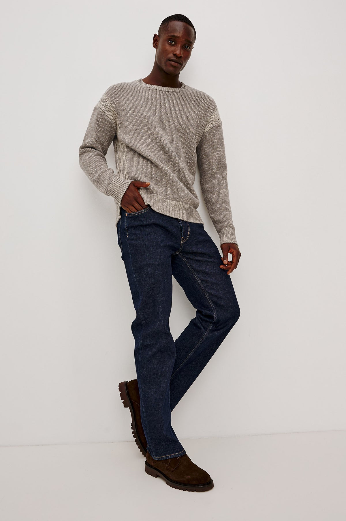 Bryce Sweater in Soft Cotton Marl Blend, With Relaxed Fit, Contrast Rib Crewneck, Shoulder, and Cuff Detailing, and Long Sleeves in Taupe Clay Colorway - Full Body Front View Featured on Model