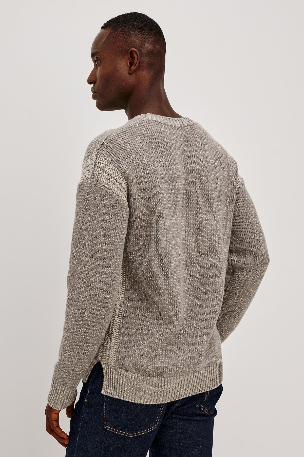 Bryce Sweater in Soft Cotton Marl Blend, With Relaxed Fit, Contrast Rib Crewneck, Shoulder, and Cuff Detailing, and Long Sleeves in Taupe Clay Colorway - Upper Body Back View Featured on Model