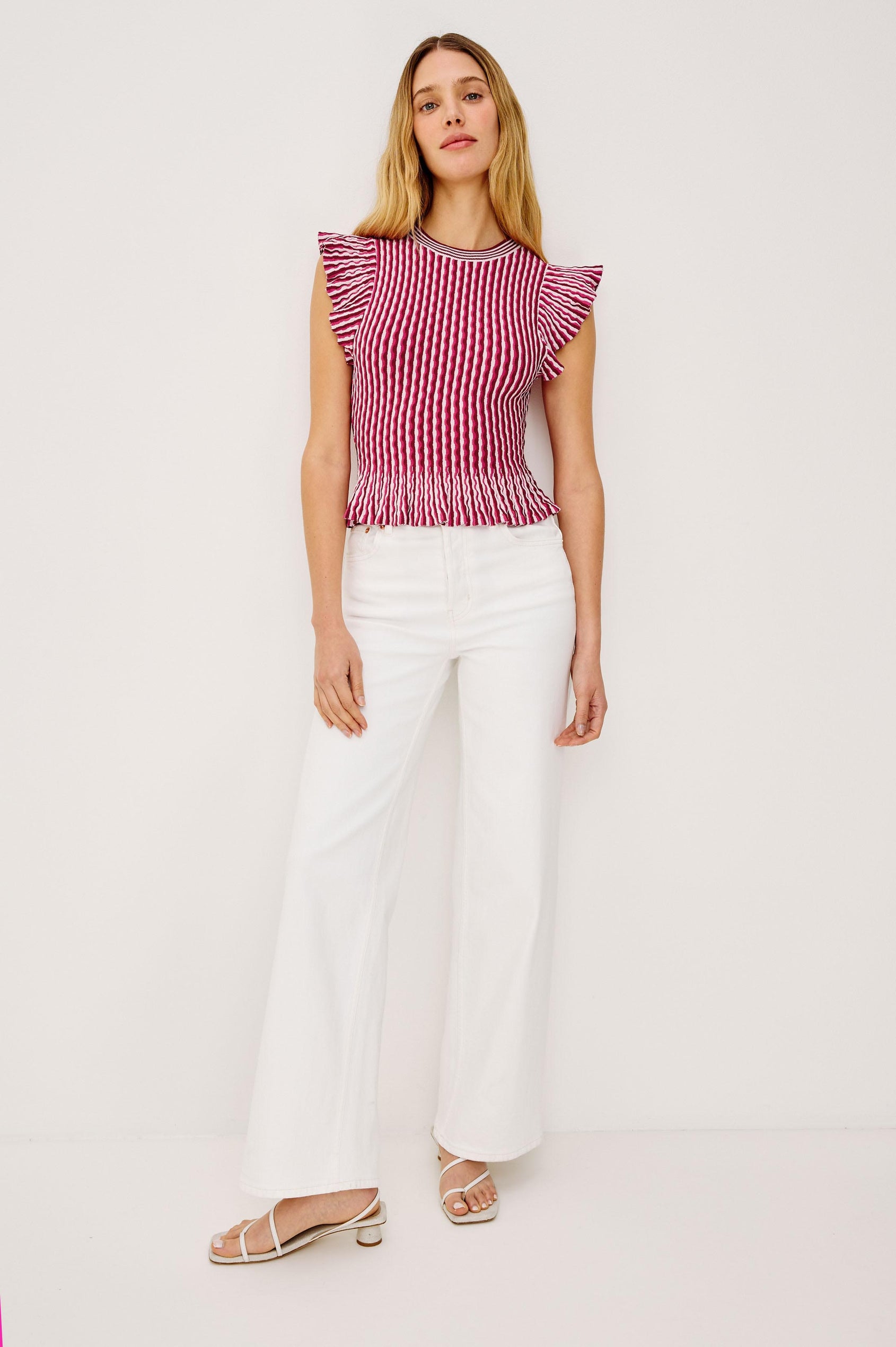 Bryn Fitted Top in Compact Stretch Knit With Flutter Sleeves, Ribbed Crew Neckline, and Peplum Hem in Berry Stripe Colorway - Full Body Front View Featured on Model