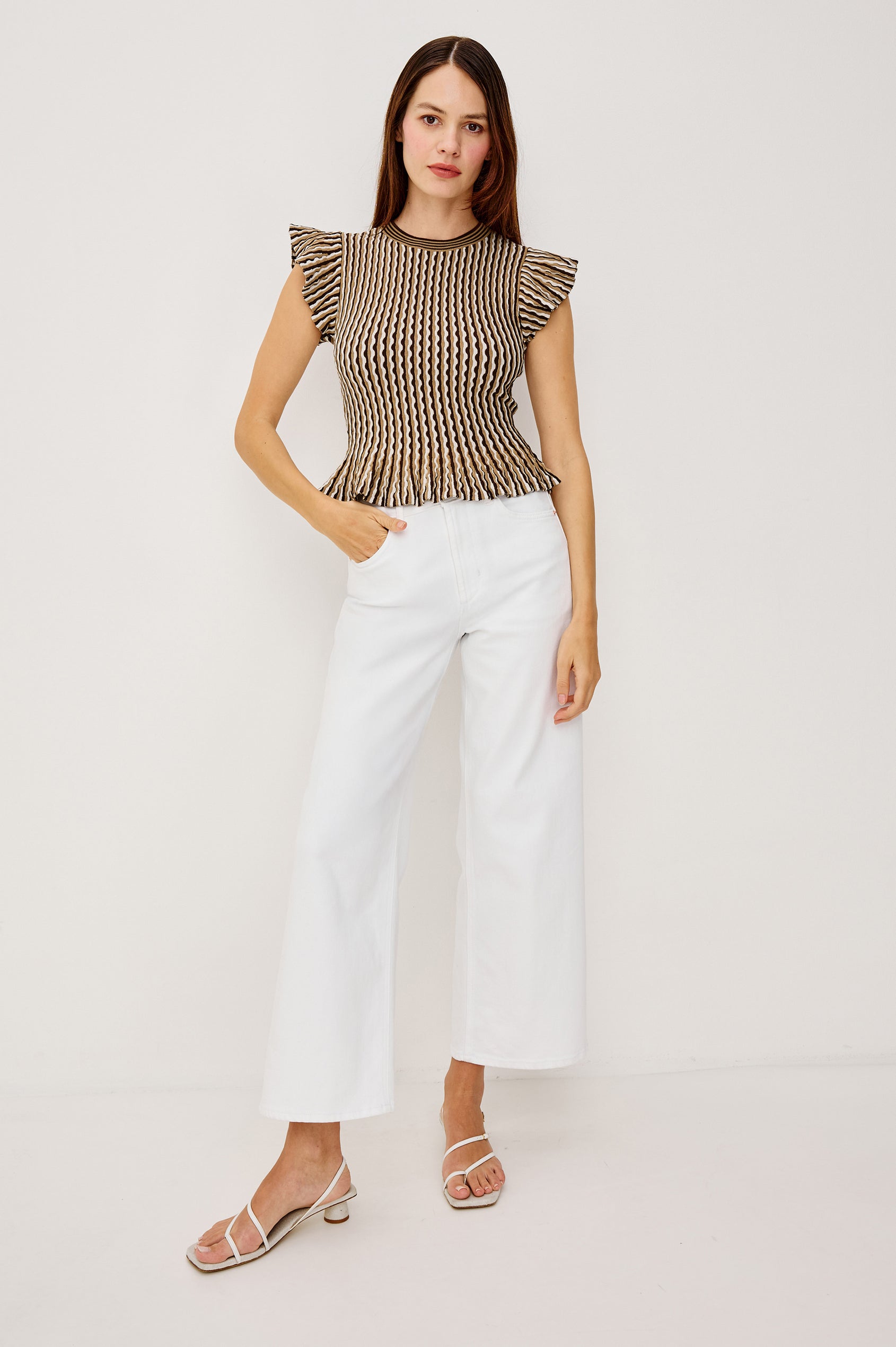 Bryn Fitted Top in Compact Stretch Knit With Flutter Sleeves Ribbed Crew Neckline and Peplum Hem in Brown Stripe Colorway - Full Body Front View Featured on Model