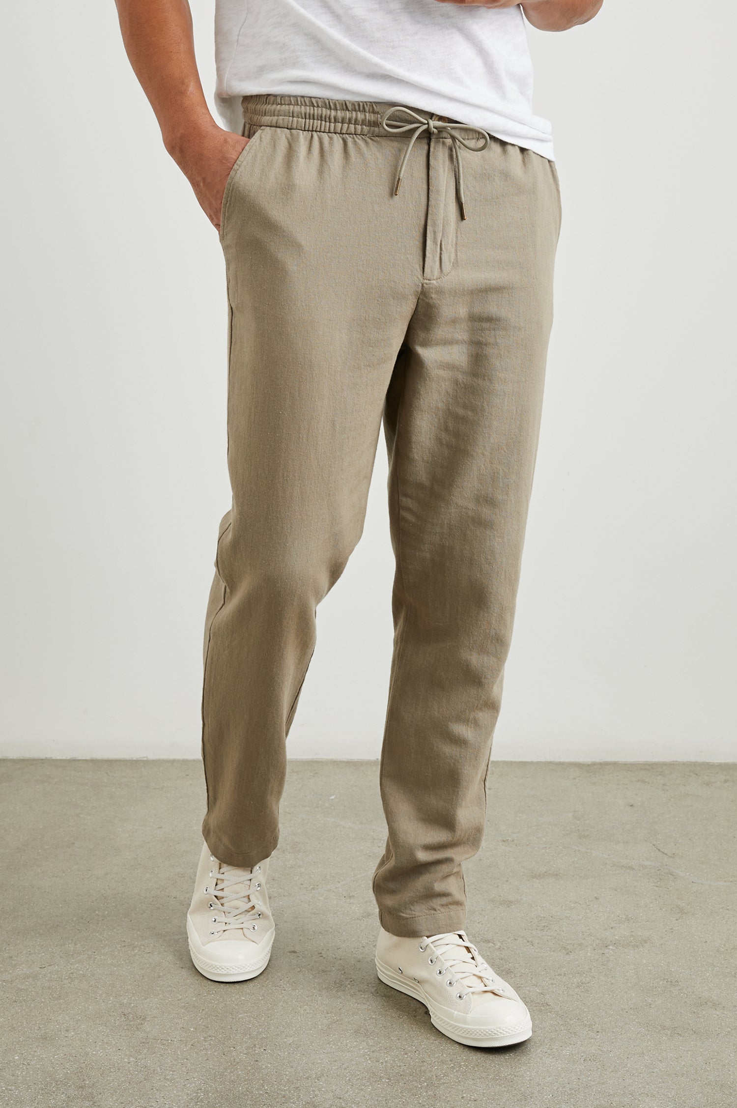 Callum Pants with a Drawstring Waist, Two Front Pockets and a Back Patch Pocket in Barley Colorway - Front View Featured on Model