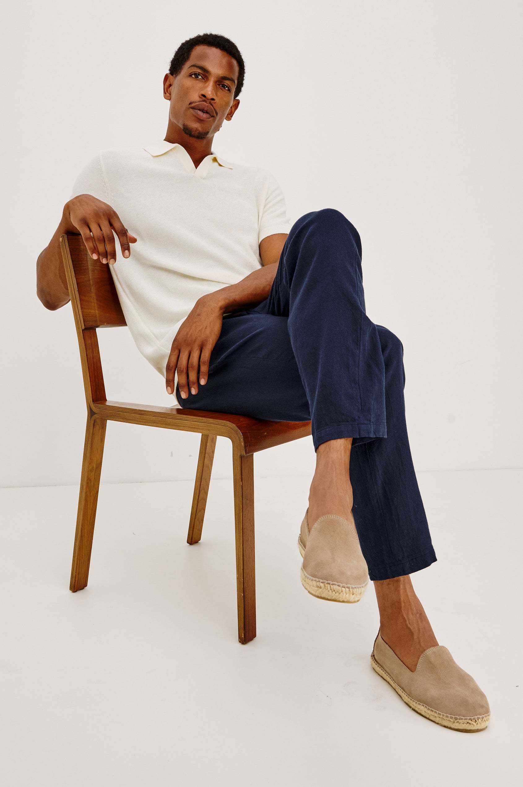 Callum Pants with a Drawstring Waist, Two Front Pockets and a Back Patch Pocket in Deep Meridian Colorway - Front View Featured on Seated Model