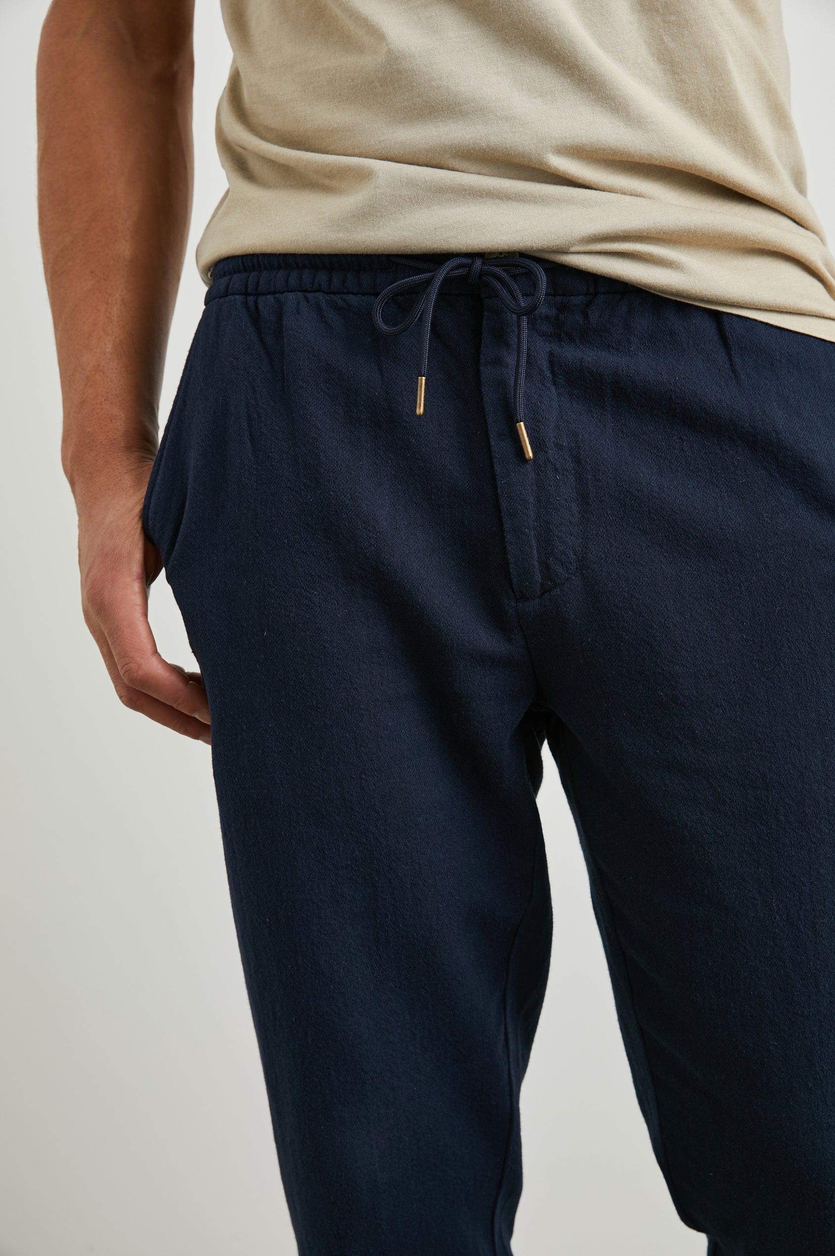 Callum Pants with a Drawstring Waist, Two Front Pockets and a Back Patch Pocket in Deep Meridian Colorway - Front View Featured on Model