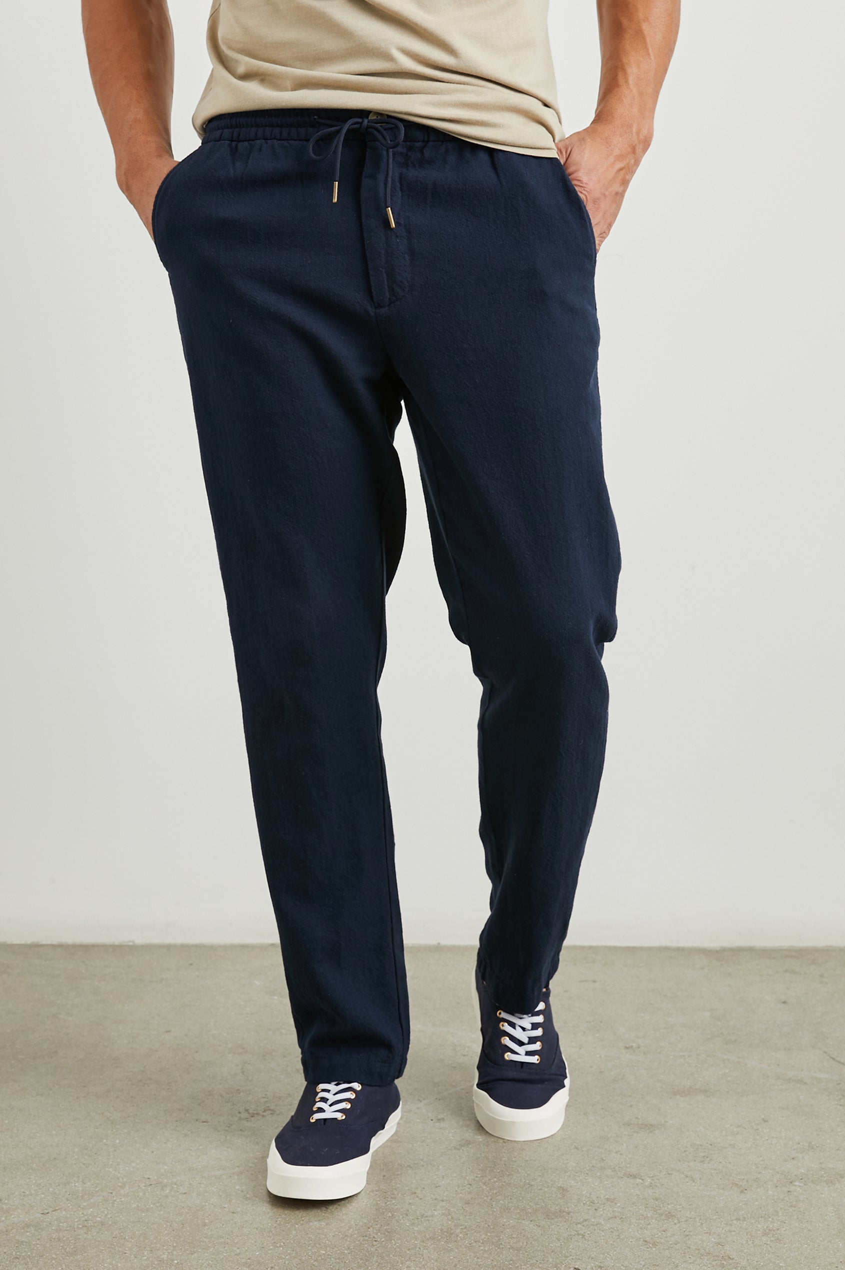 Callum Pants with a Drawstring Waist, Two Front Pockets and a Back Patch Pocket in Deep Meridian Colorway - Front View Featured on Model