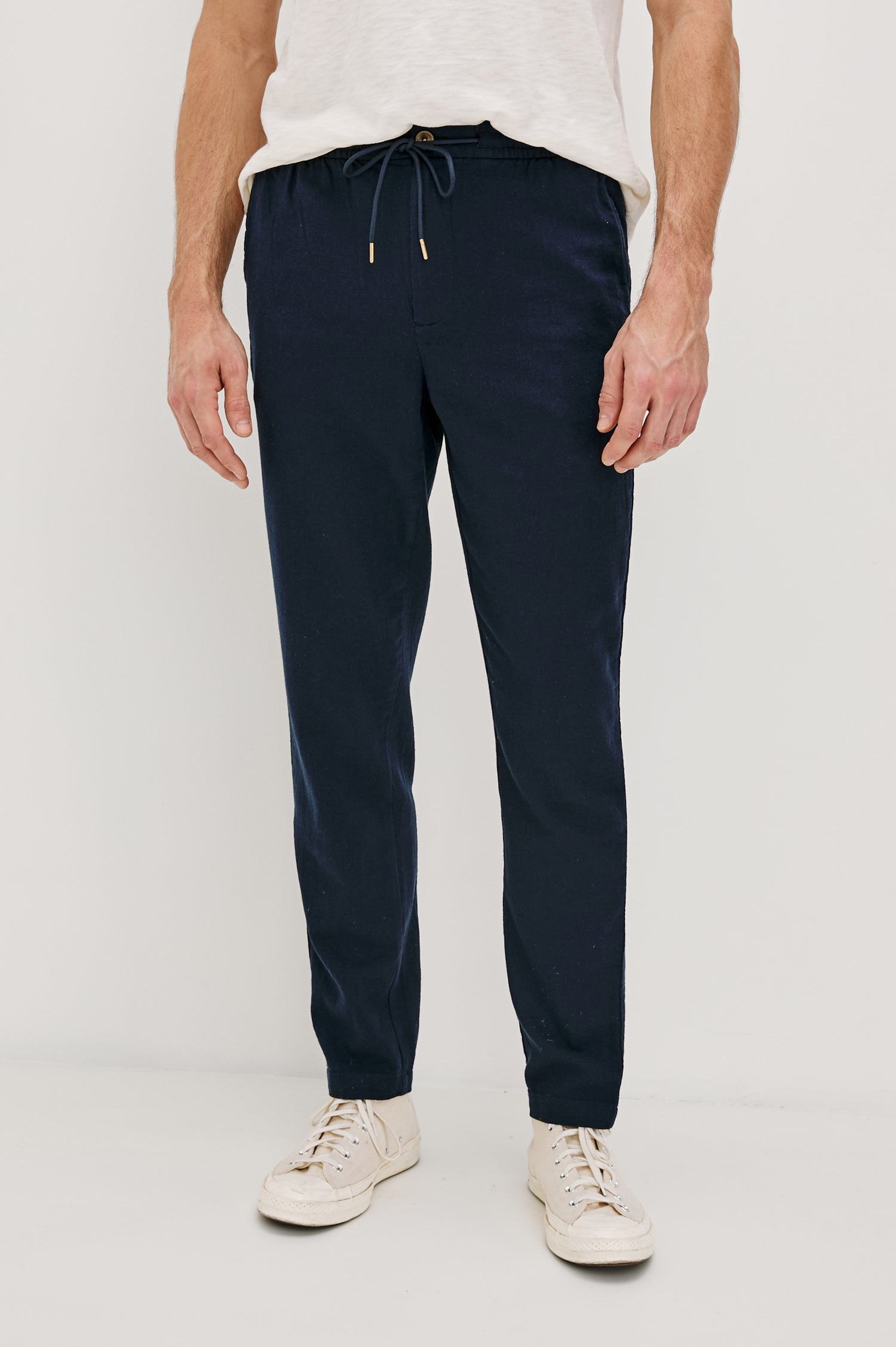 Callum extended length linen straight leg pant with elastic waistband and adjustable drawstring in Deep Meridian - front view on model