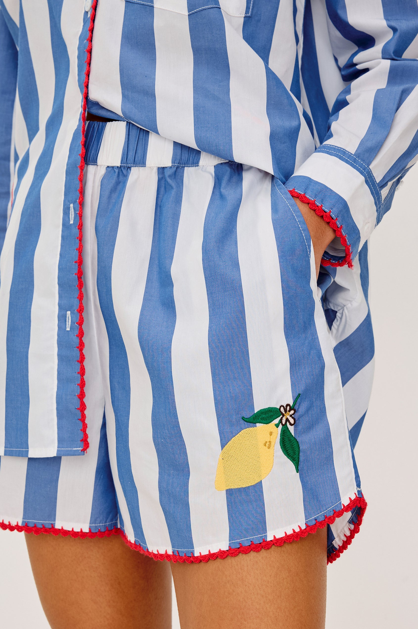 Cam Short in Cotton Poplin With Elastic High-Waist, Relaxed Fit, and Side Pockets in Dolce Vita Embroidery Colorway - Lower Body Front View Featured on Model