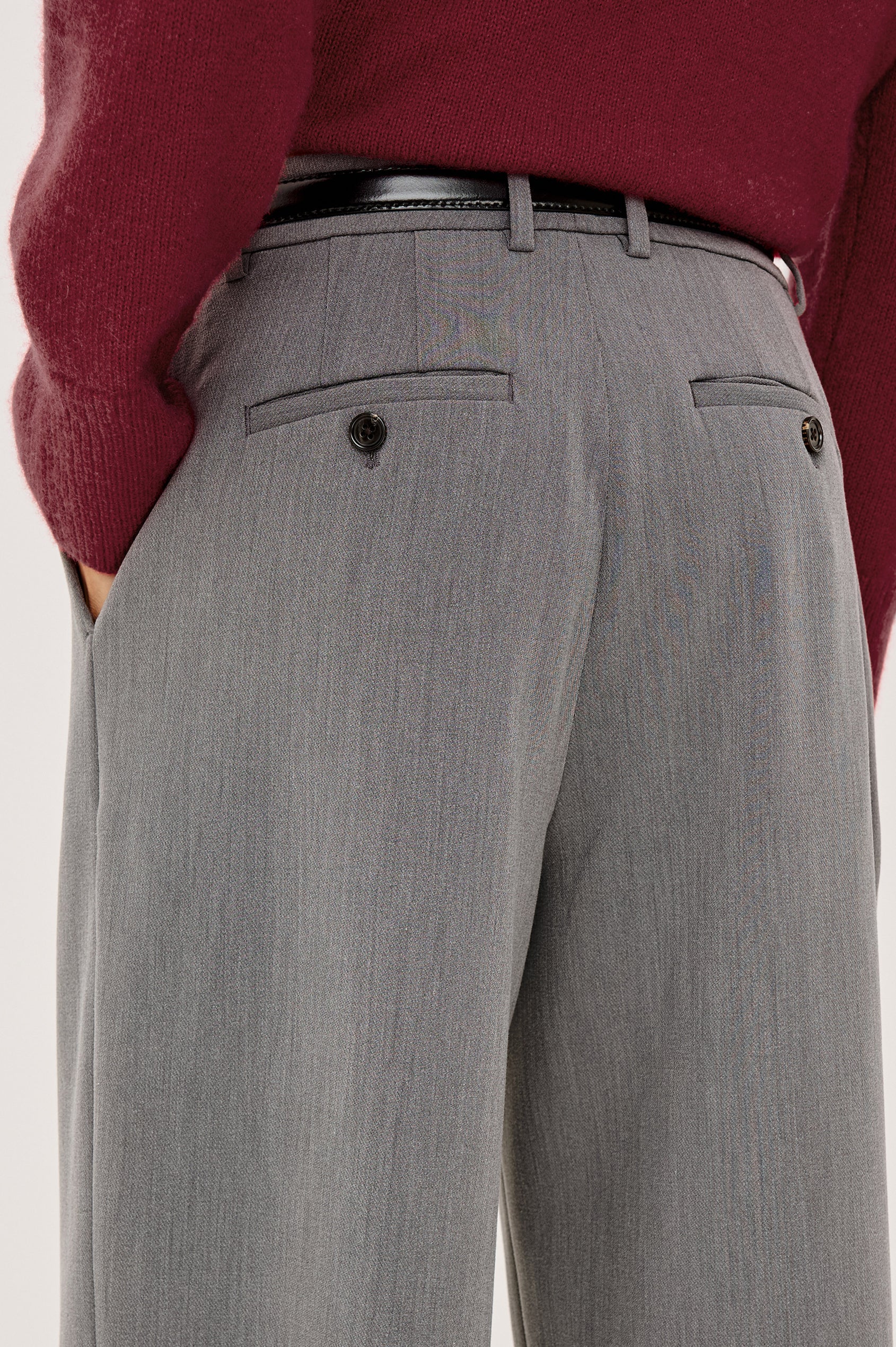 Cameron Pant in Springy Suiting Fabric With High-Rise, Pleated Barrel Legs That Taper, Side and Back Pockets, and Unlined in Heather Grey Colorway - Lower Body Back View Featured on Model
