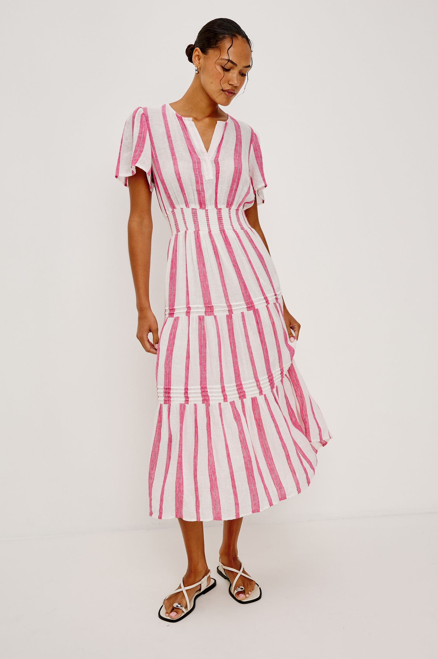 Cannes Midi Dress in Linen With Front Placket, Short Sleeves, and Smocked Elastic Waist in Delfine Stripe Colorway - Full Body Front View Featured on Model