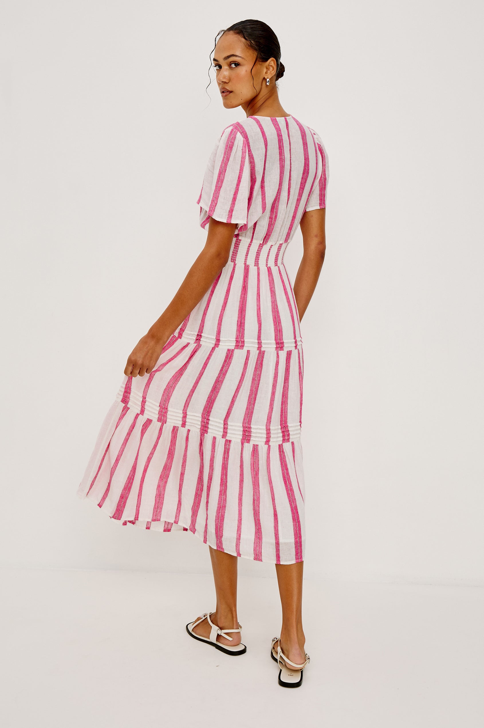ruffle a-line midi dress in stripe poplin Women's Ruffle A-Line Midi Dress in Stripe - Size L