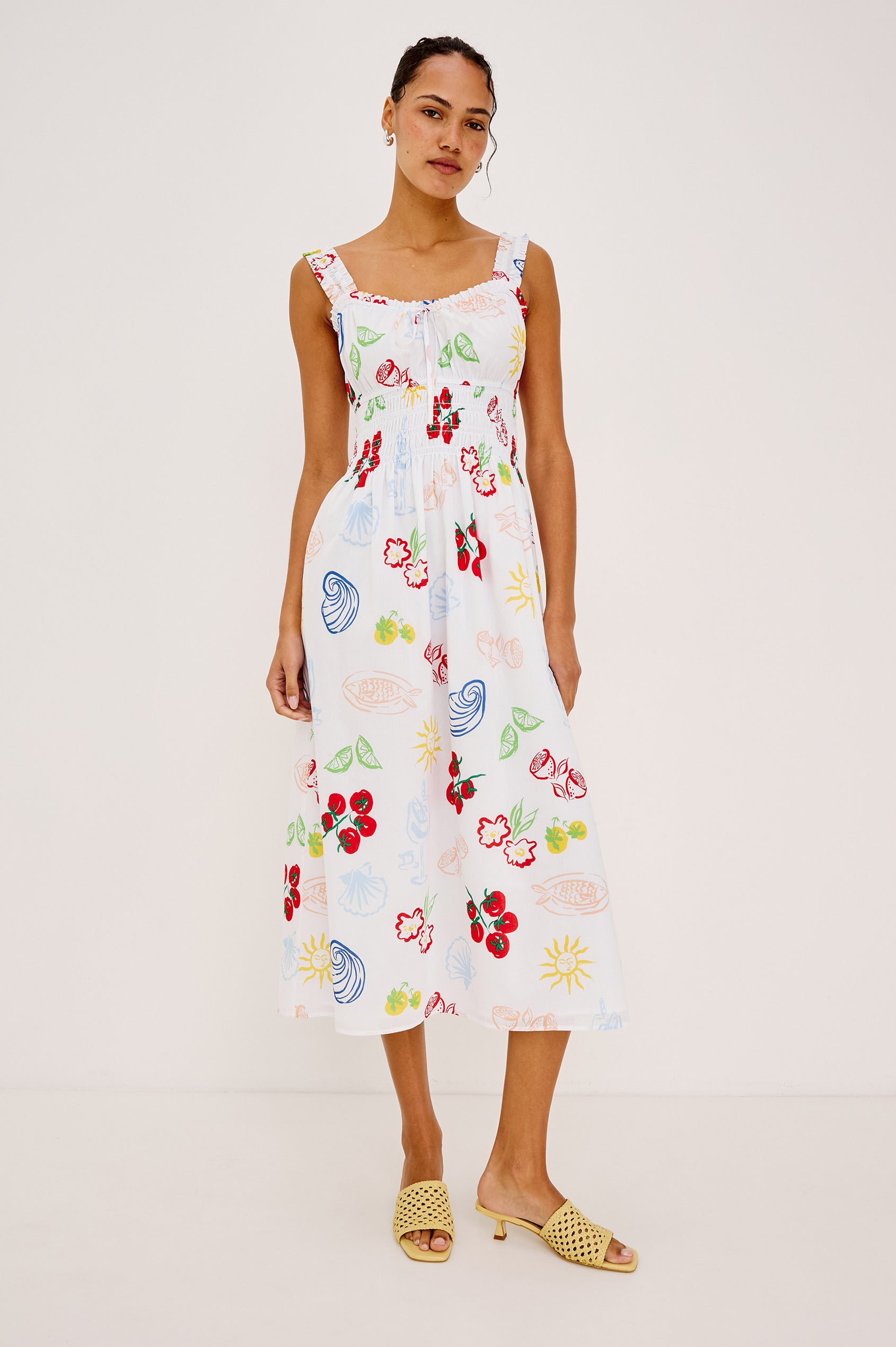 Capri Midi Dress in Cotton Poplin with Square Neckline, Ruched Bust and Center Ties, Smocked Shoulder Straps, Empire Waist, and Fully Lined A-Line Skirt in White Antipasti Colorway - Full Body Front View Featured on Model