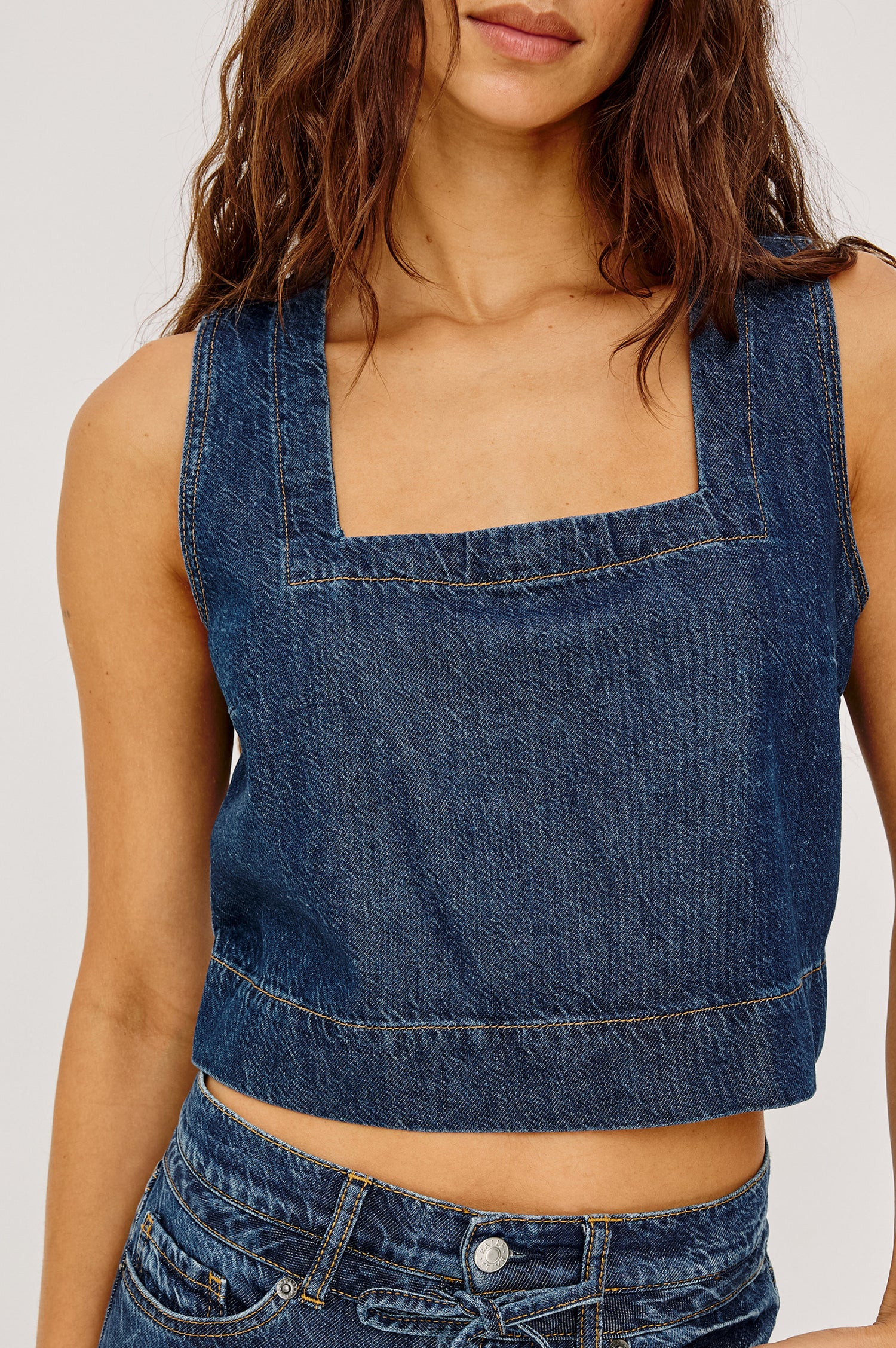 Carbon Crop Tank Top in TENCEL™Denim Blend With Square Neckline, Wide Shoulder Straps, and a Loose, Boxy Fit in Boondocks Colorway - Upper Body Front View Featured on Model