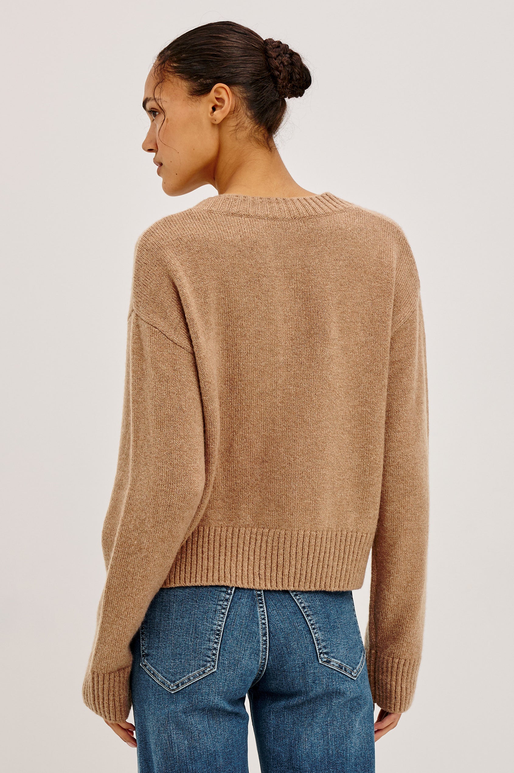 Carre Cardigan in Wool-Cashmere Knit Blend, Relaxed Slightly Boxy Fit, Crew Neckline, Front Buttons, Long Sleeves, and Ribbed Trim in Heather Camel Colorway - Upper Body Back View Featured on Model