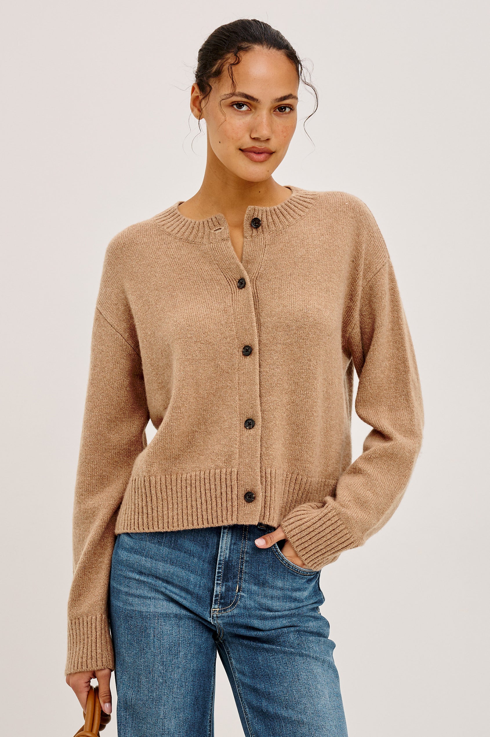 Carre Cardigan in Wool-Cashmere Knit Blend, Relaxed Slightly Boxy Fit, Crew Neckline, Front Buttons, Long Sleeves, and Ribbed Trim in Heather Camel Colorway - Upper Body Front View Featured on Model