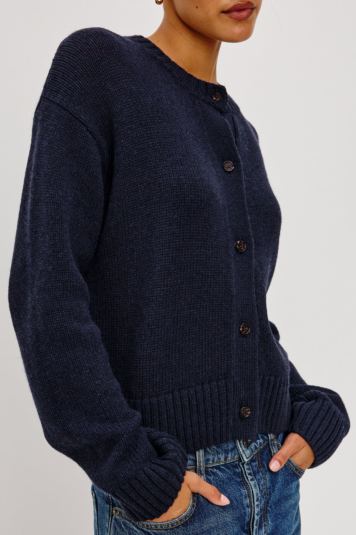 Carre Cardigan in Wool-Cashmere Blend With Relaxed Slightly Boxy Fit, Crew Neckline, Front Buttons, Long Sleeves, and Chunky Rib Trim in Navy Colorway - Upper Body Front View Featured on Model