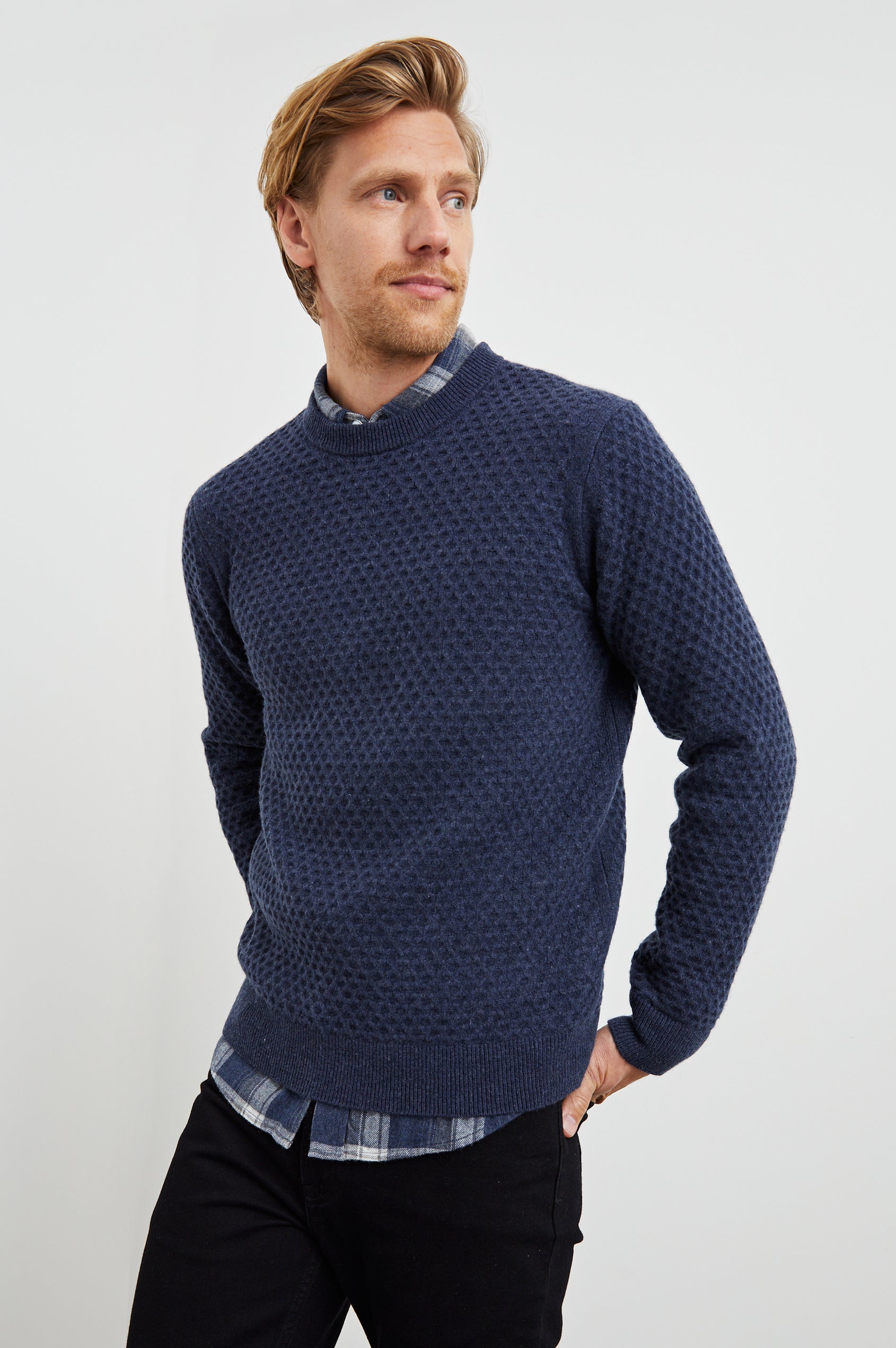 Carrick Long-Sleeve Sweater with a Crew Neck, Honeycomb Stitch, and Ribbed Trim in Navy Heather Colorway - Front View Featured on Model