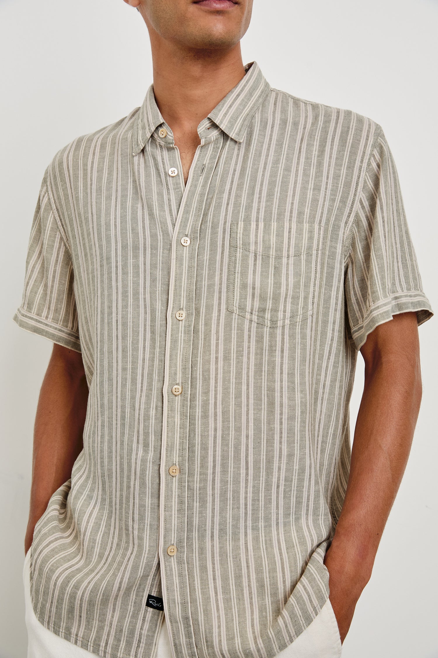 Carson linen short sleeve button down with a collar and neutral textured stripe pattern in Almond Mauve Stripe - close up of details