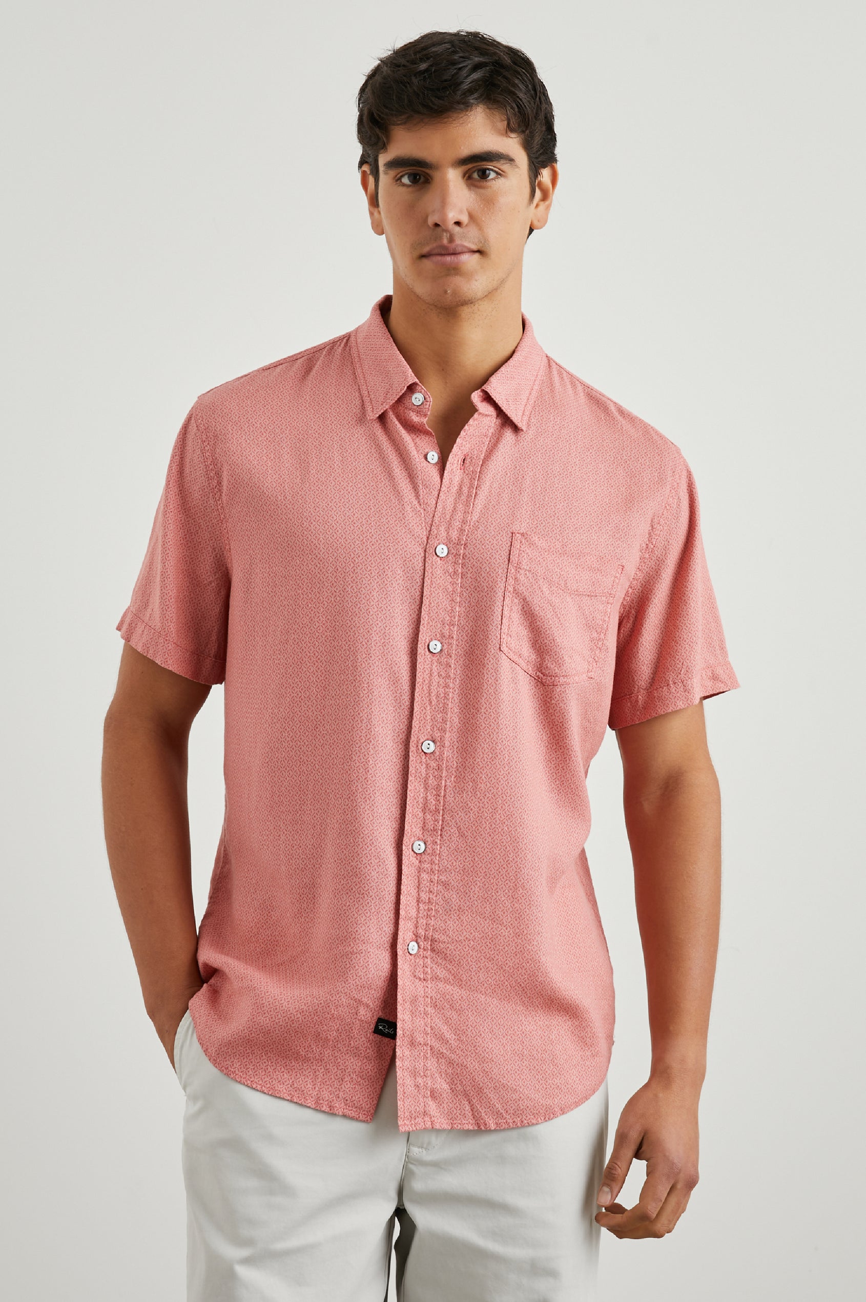 Carson Short Sleeve Button Up with a Chest Patch Pocket in Crown Jewel Ruby Colorway, with a Small Diamond Pattern - Front View Featured on Model