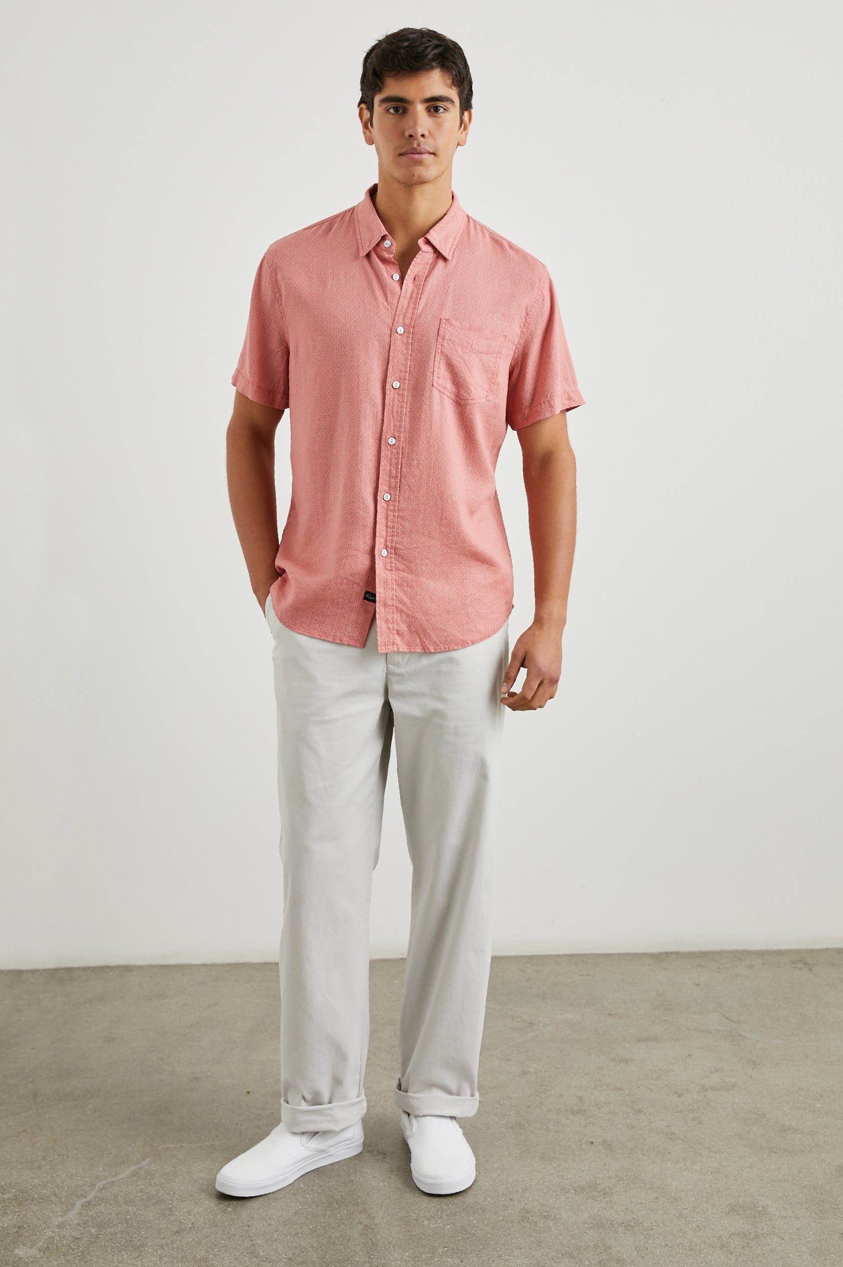 Carson Short Sleeve Button Up with a Chest Patch Pocket in Crown Jewel Ruby Colorway, with a Small Diamond Pattern - Front Full Body View Featured on Model