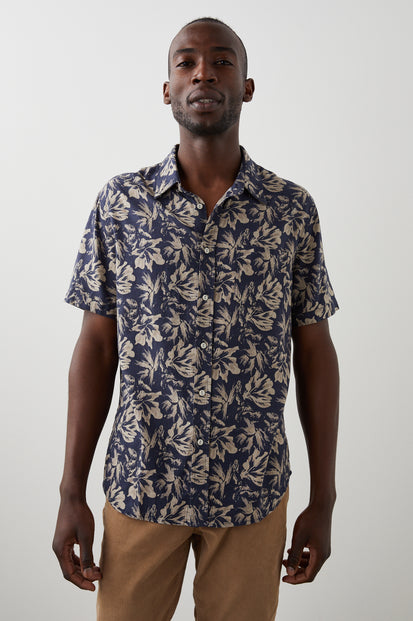 CARSON FLORAL EXPRESSION NAVY BROWN SHIRT - FRONT HALF BODY