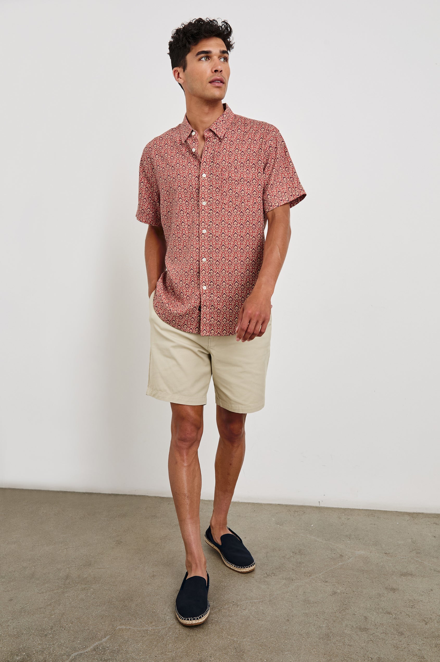 Carson linen short sleeve button down with a collar and ornamental pattern in Batik Rose - full body front view