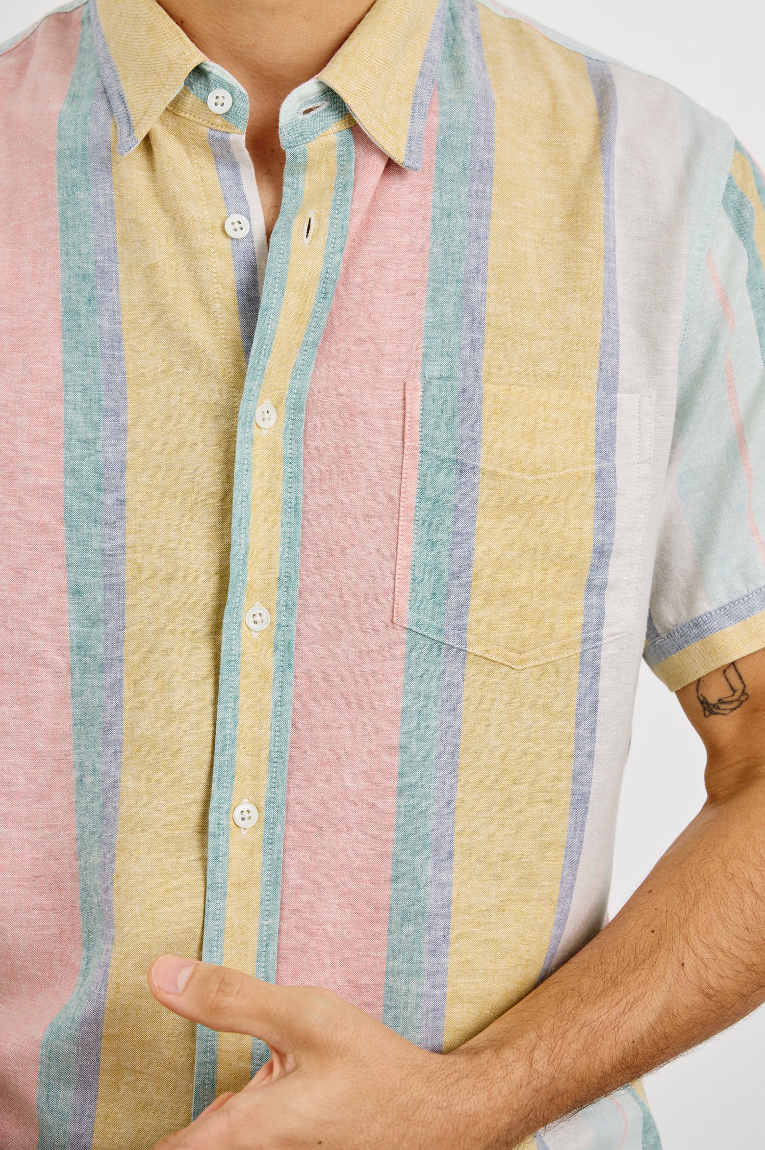 Carson Collared Button Front Shirt with Short Sleeves and a Chest Pocket in Portofino Stripe Colorway. Front View Shown on Model.