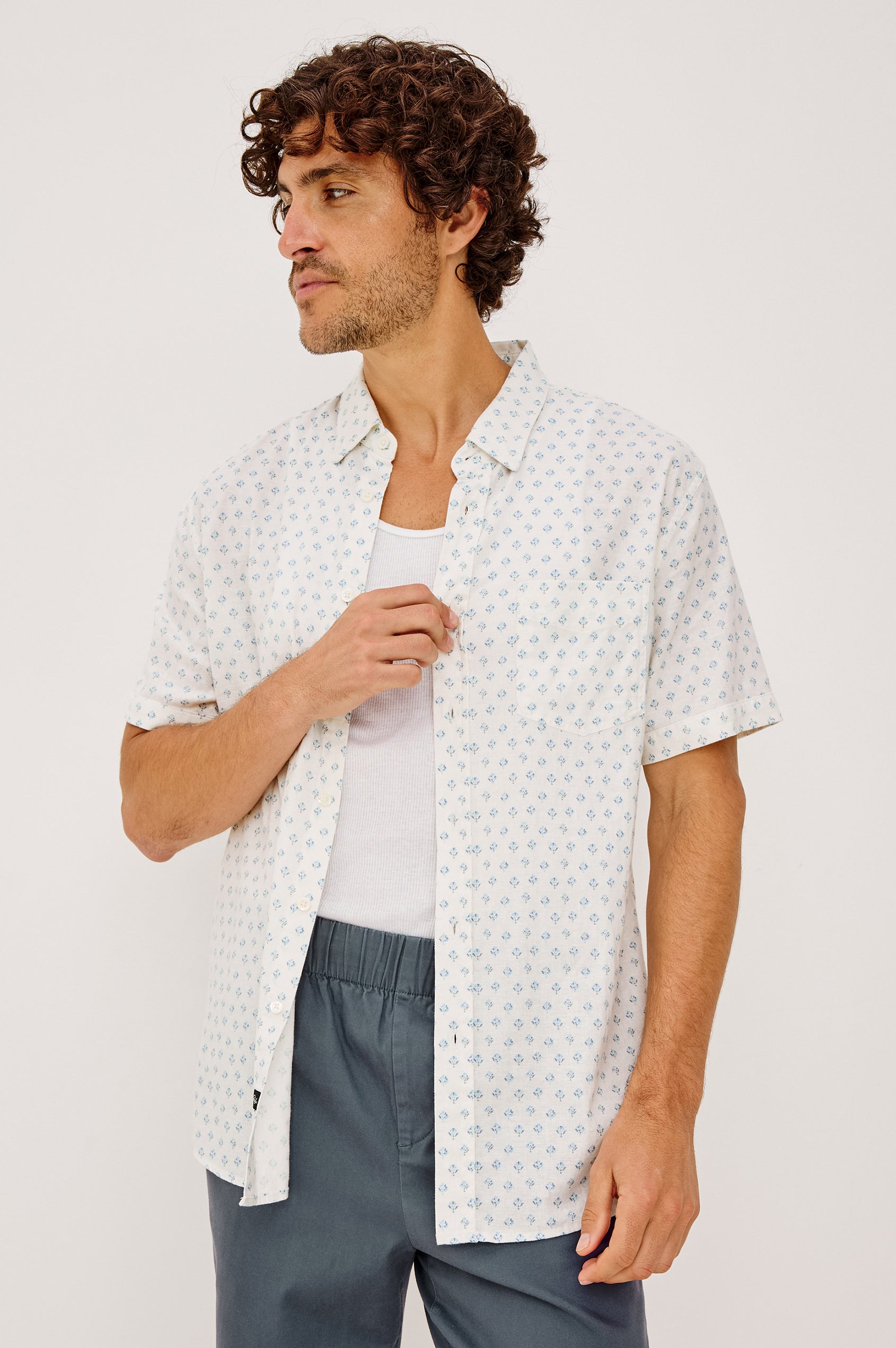 Carson Button-Up Shirt in Cotton Blend With Collar, Chest Patch Pocket, Short Sleeves, and Classic Fit in White Blue Block Colorway - Upper Body Front View Featured on Model