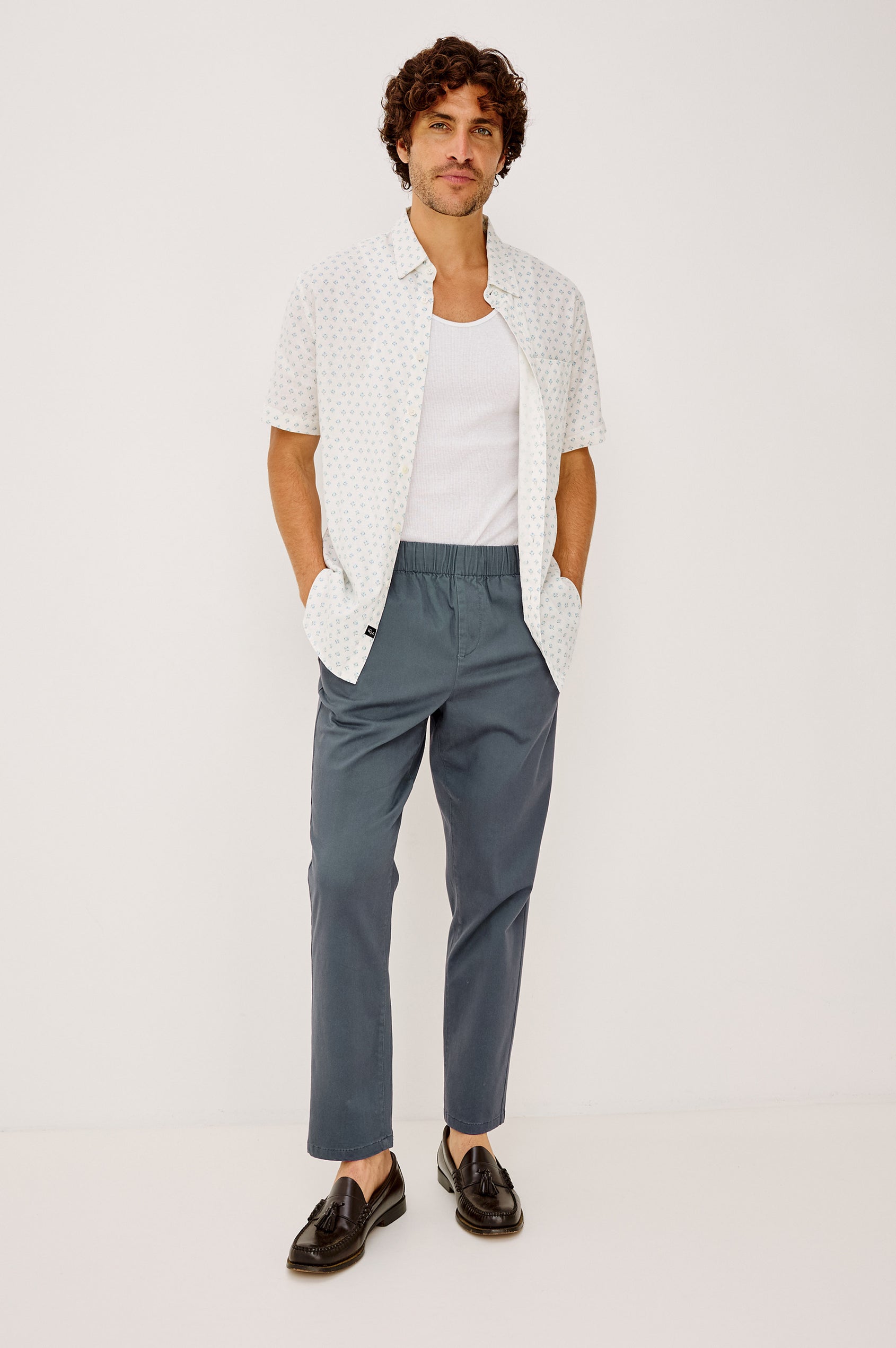 Carson Button-Up Shirt in Cotton Blend With Collar, Chest Patch Pocket, Short Sleeves, and Classic Fit in White Blue Block Colorway - Full Body Front View Featured on Model