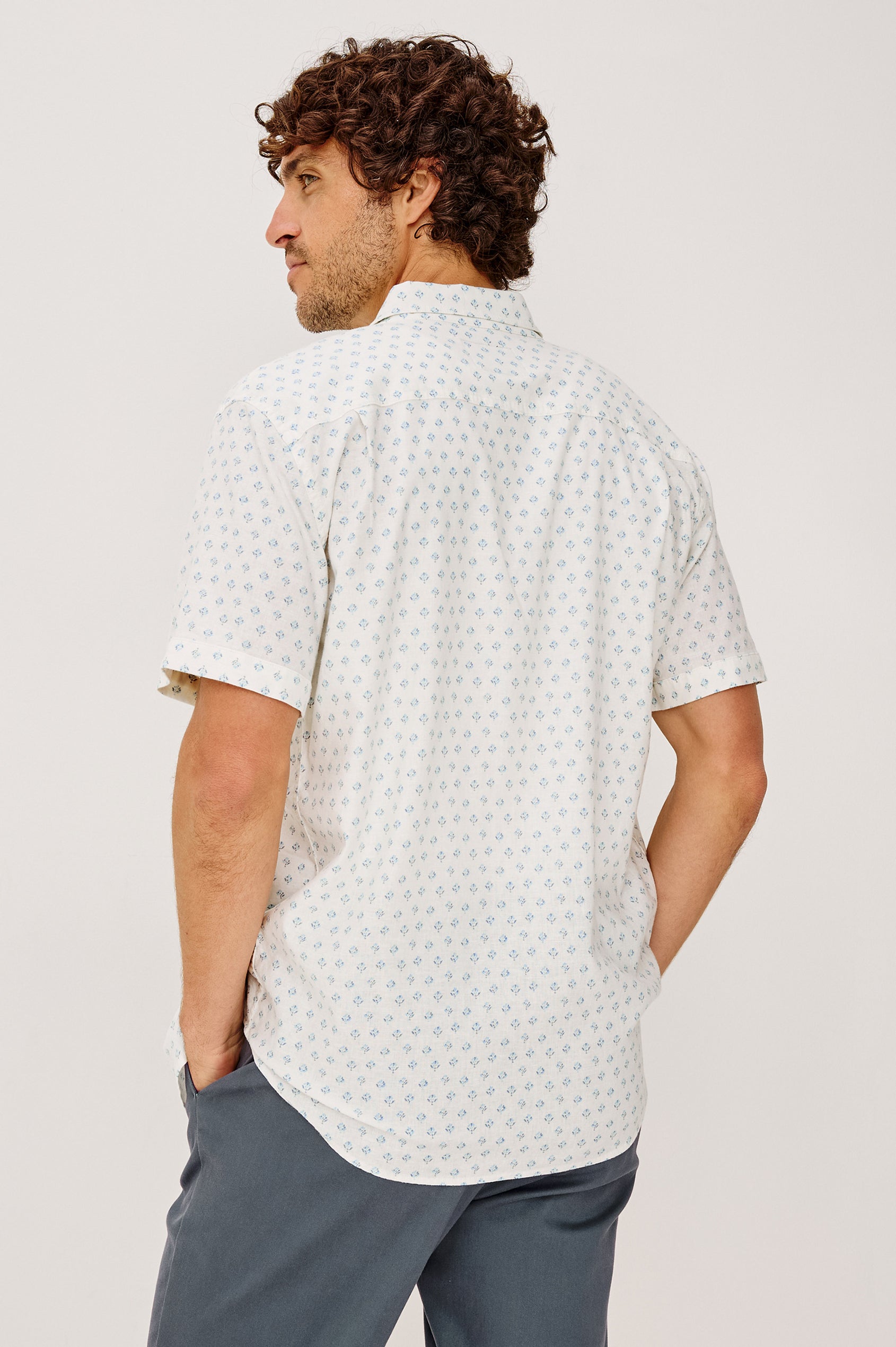 Carson Button-Up Shirt in Cotton Blend With Collar, Chest Patch Pocket, Short Sleeves, and Classic Fit in White Blue Block Colorway - Upper Body Back View Featured on Model