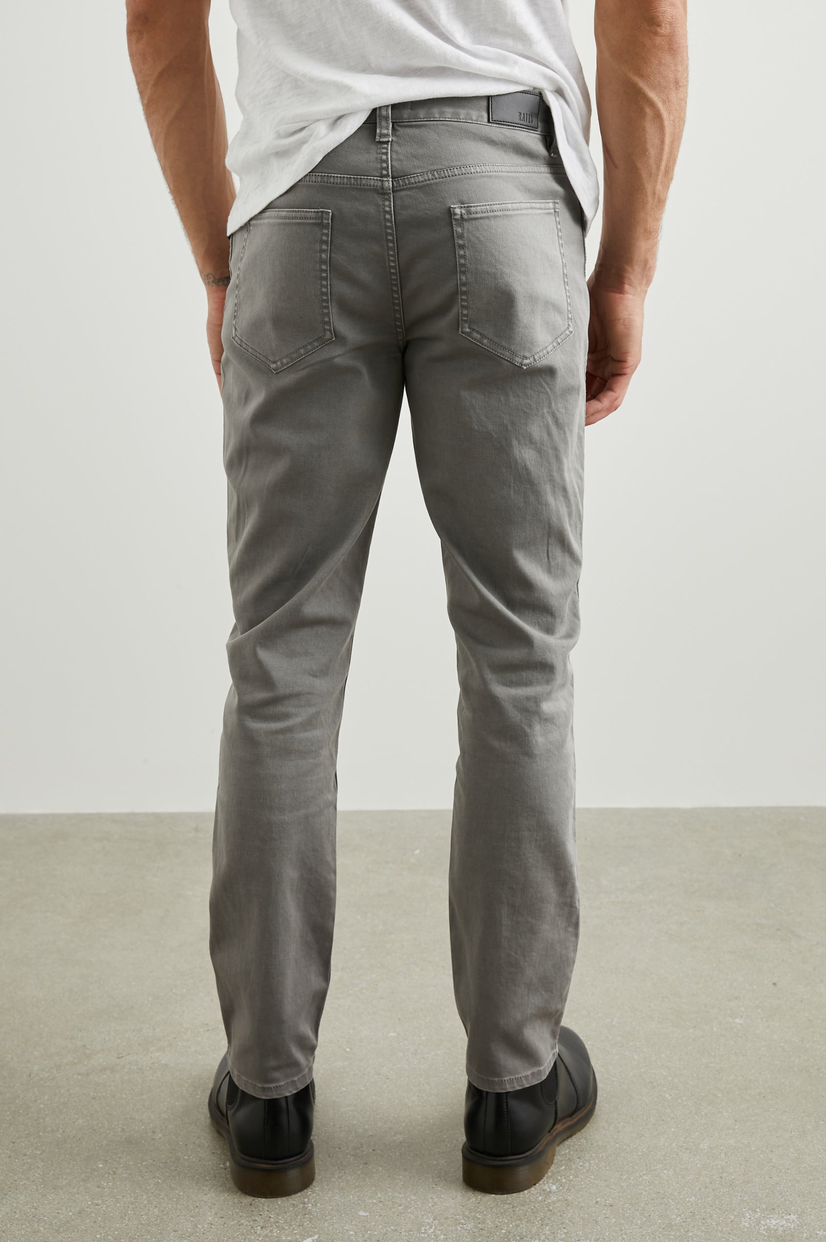 Carver Pants with Belt Loops, Two Front Pockets plus a Coin Pocket and Two Back Patch Pockets in Faded Grey Colorway - Back View Featured on Model