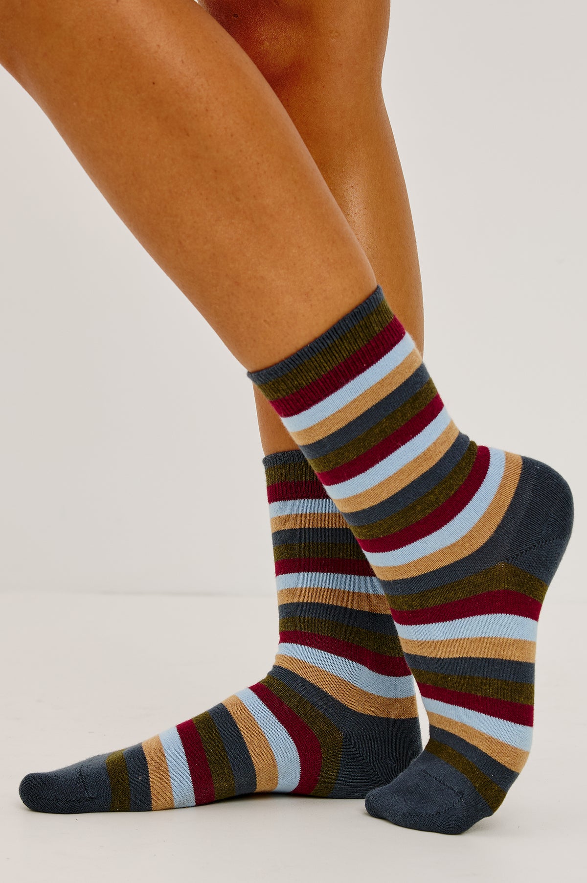 Pointelle Crew Socks in Soft Cotton Blend With Ruffle Trim in Alpine Stripe Colorway - Upper Body Front View Featured on Model.