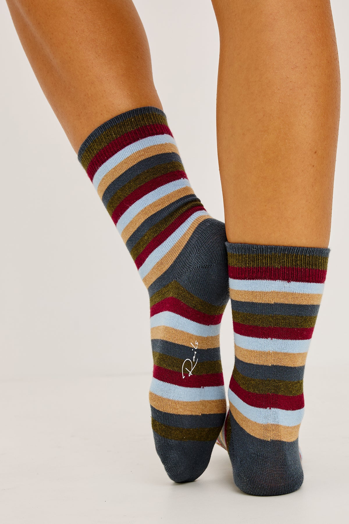 Pointelle Crew Socks in Soft Cotton Blend With Ruffle Trim in Alpine Stripe Colorway - Full Body Front View Featured on Model.