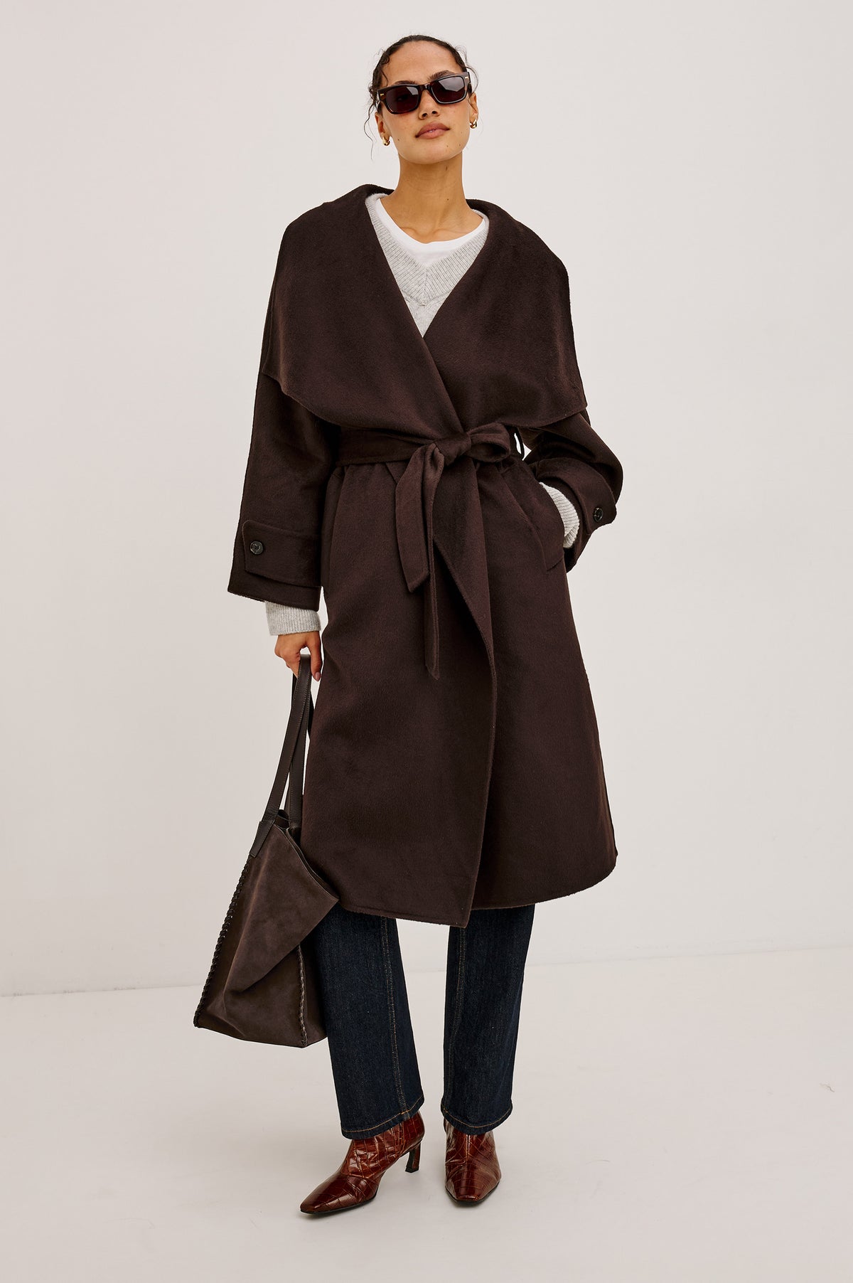 Celeste Coat in Heavy Wool Blend With Shawl Collar, Full Length, Self-Belted Waist, Side Pockets, Button-Tab Cuffs, and Half-Lined Interior in Chocolate Colorway - Full Body Front View Featured on Model