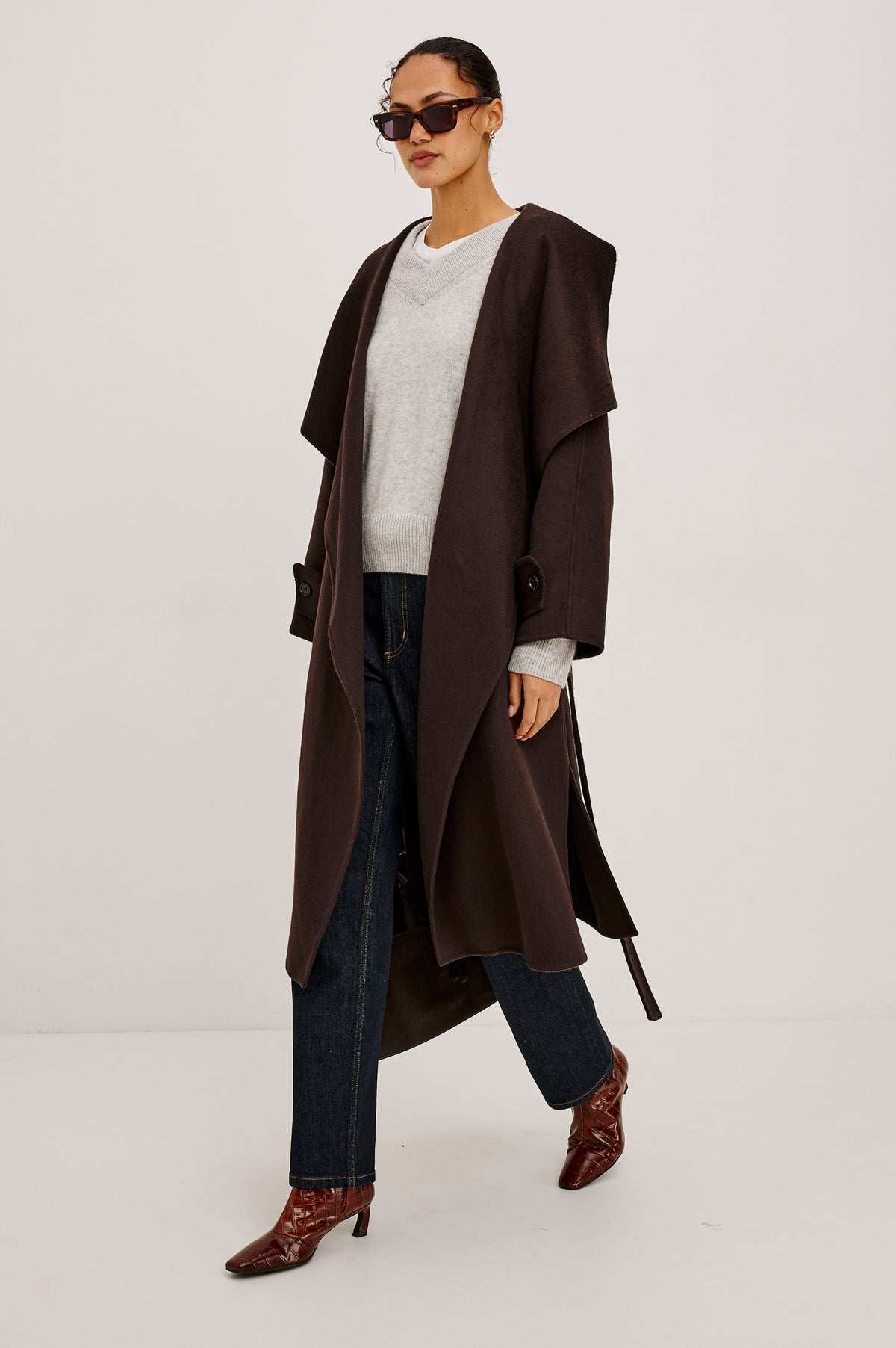 Celeste Coat in Heavy Wool Blend With Shawl Collar, Full Length, Self-Belted Waist, Side Pockets, Button-Tab Cuffs, and Half-Lined Interior in Chocolate Colorway - Full Body Front View Featured on Model