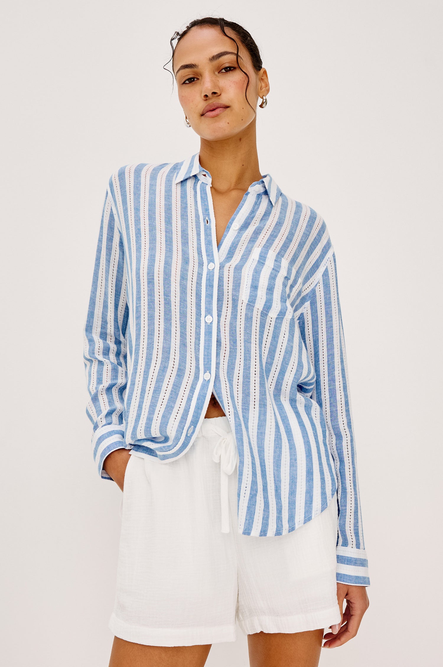 Charli Button-Up Shirt in Linen Blend With Collar Long Sleeves Single Chest Patch Pocket in White and Blue Stripes - Upper Body Front View Featured on Model