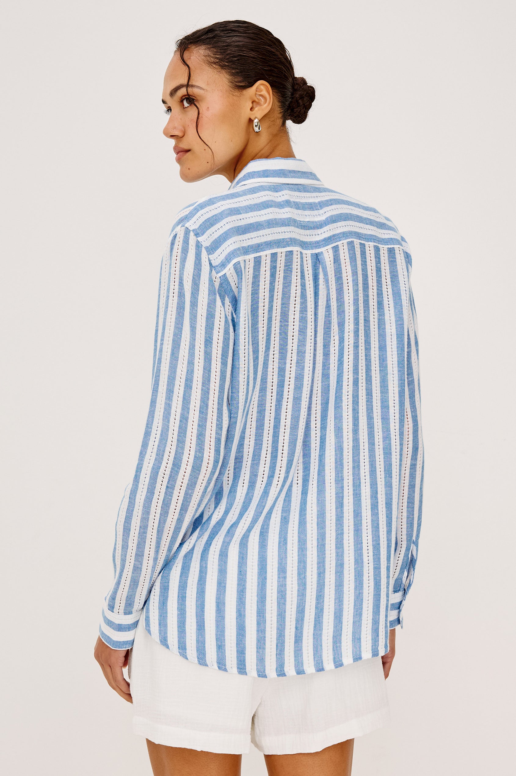 Charli Button-Up Shirt in Linen Blend With Collar Long Sleeves Single Chest Patch Pocket in White and Blue Stripes - Upper Body Back View Featured on Model