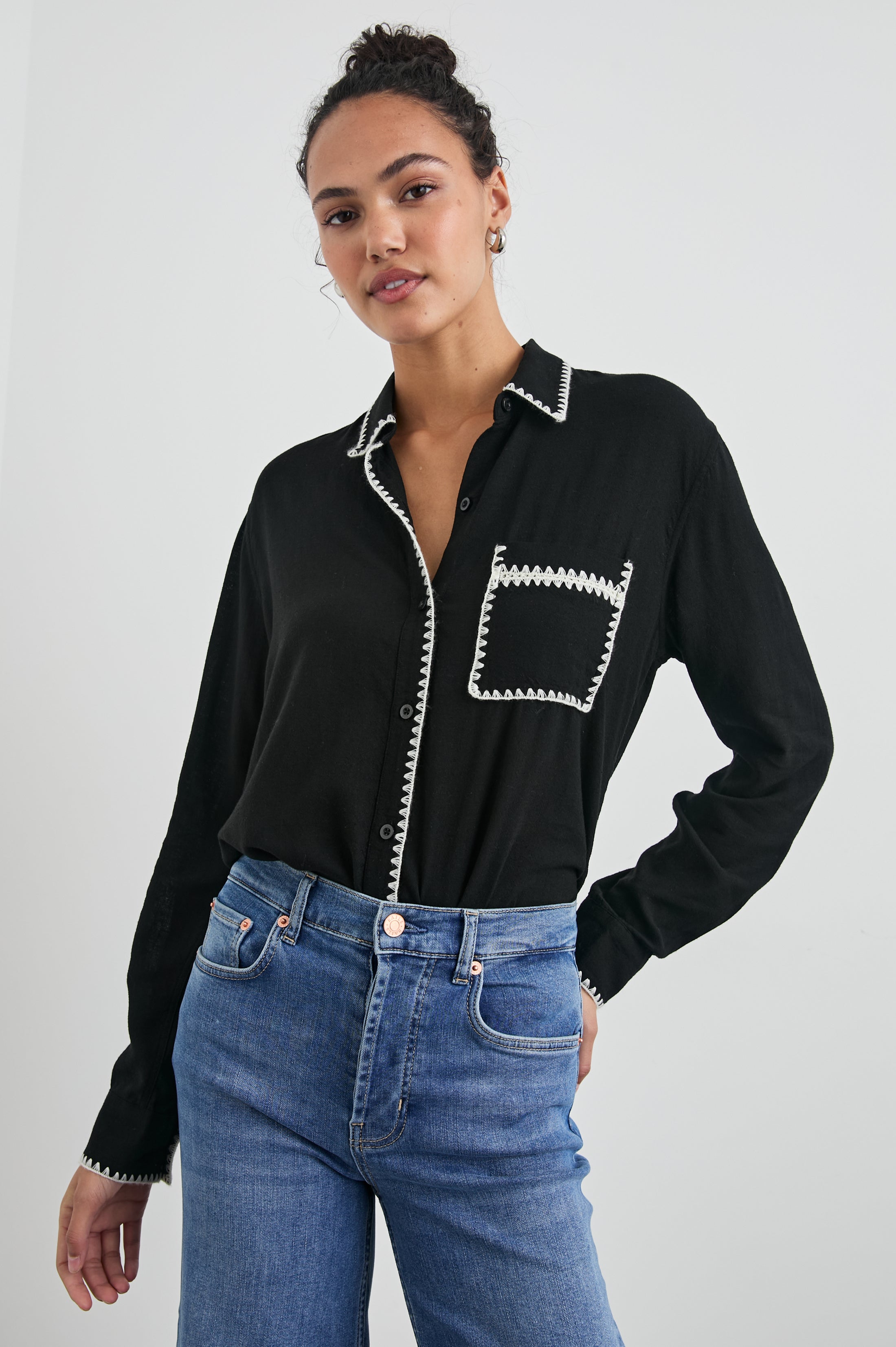 CHARLI SHIRT - BLACK BLANKET STITCH – Rails