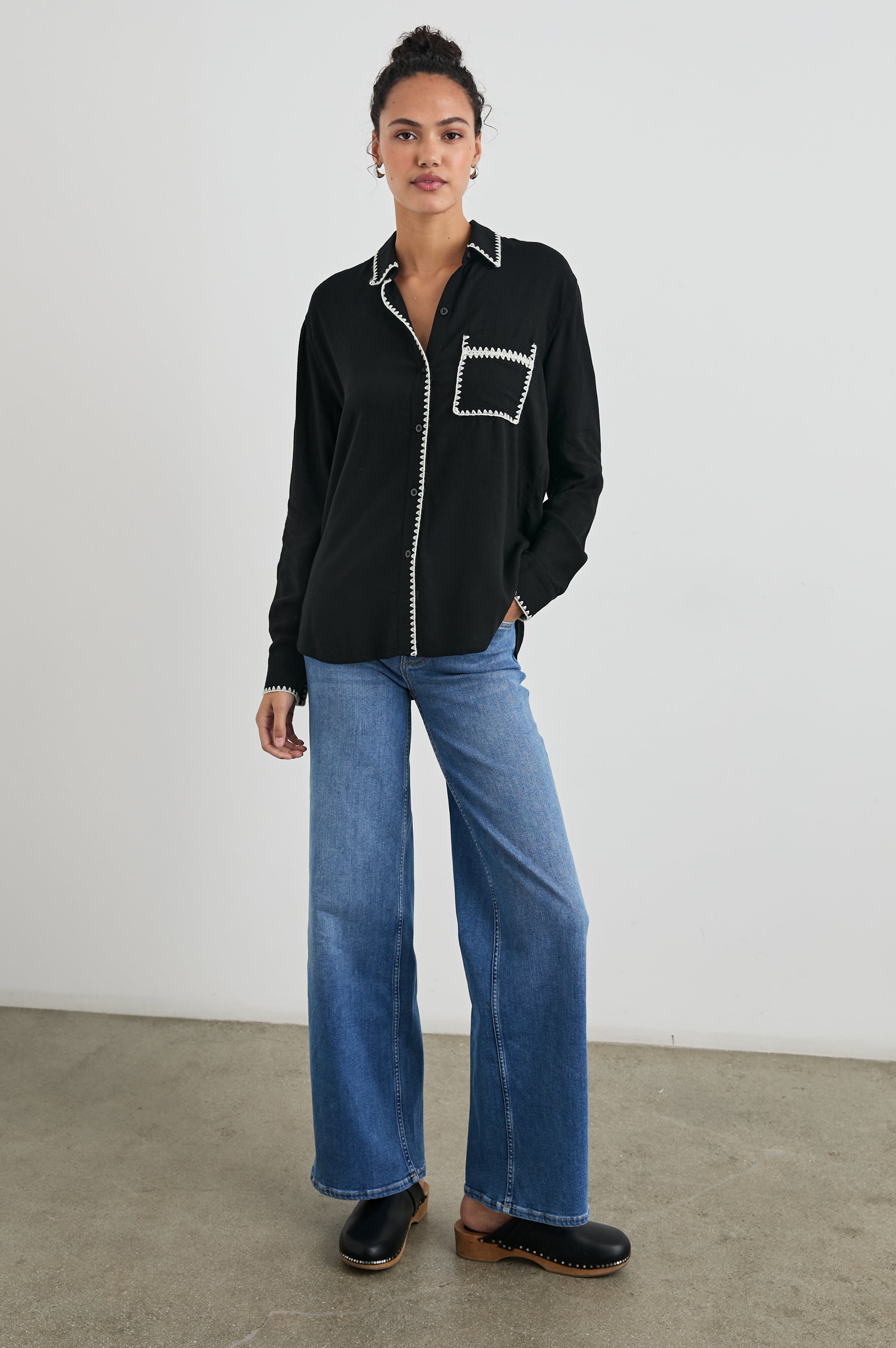 CHARLI SHIRT - BLACK BLANKET STITCH – Rails