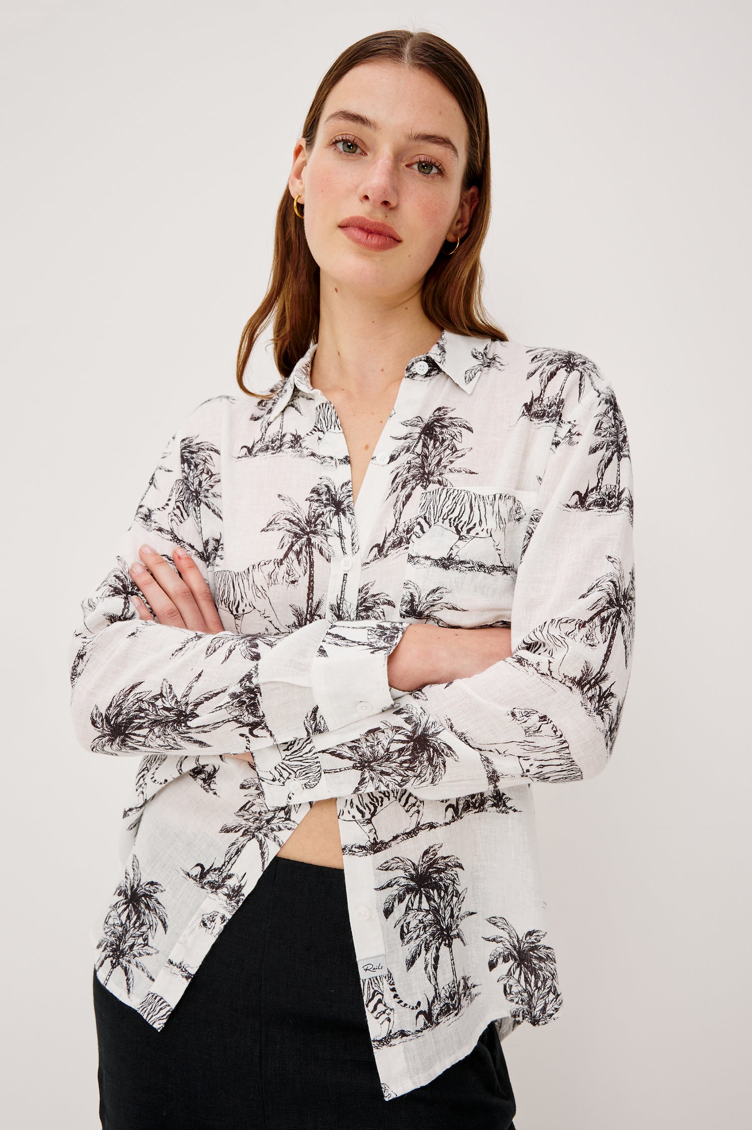 Charli Button-Up Shirt in Eco-Friendly Linen Blend With Collar Long Sleeves Single Chest Patch Pocket in Ivory Bengal Colorway - Upper Body Front View Featured on Model